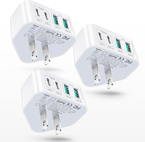 Paquete de 3 cargadores USB C, 40 W, 4 puertos, cargador de pared USB C rápido plano PD 3.0, adaptador de corriente Multport tipo C, enchufe de