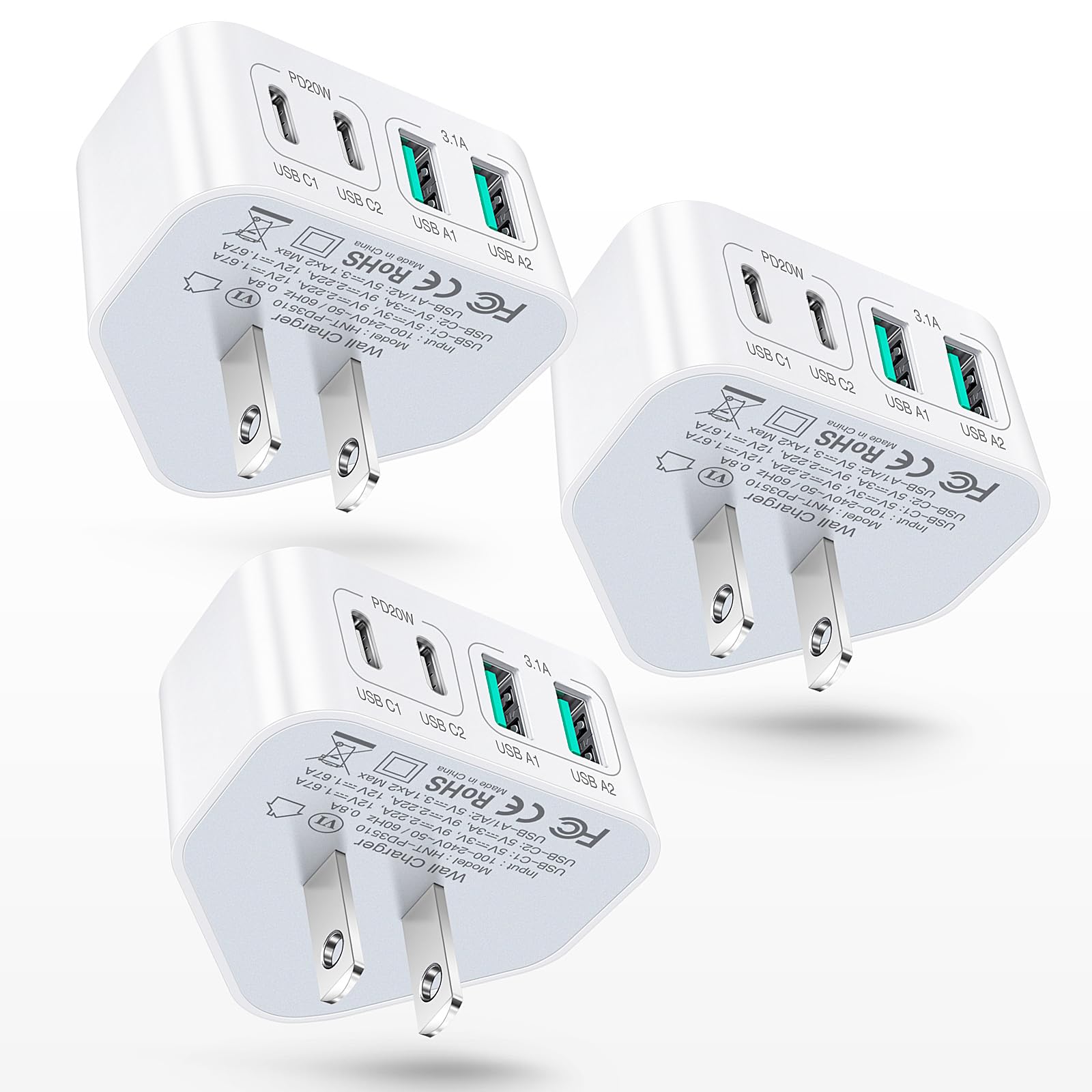 3-Pack USB C Charger Block, 40W 4 Port Flat Fast USB C Wall Charger PD 3.0 Power Adapter Multport Type C Charging Plug Brick for iPhone 15 Plus 14 13 12 11 Pro Max XS XR 8,Samsung,Tablet