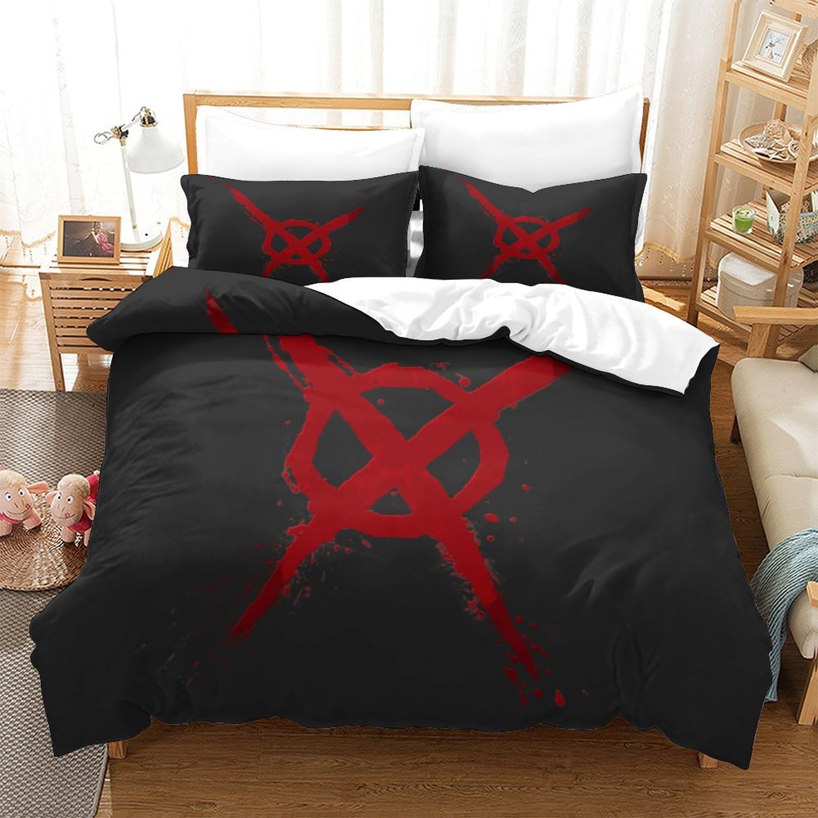 P1S9U7W5Y 3D Printed Red Graffiti Star 3pcs Duvet Cover Set Microfiber Black Abstract Star Bedding Set King（220x240cm）