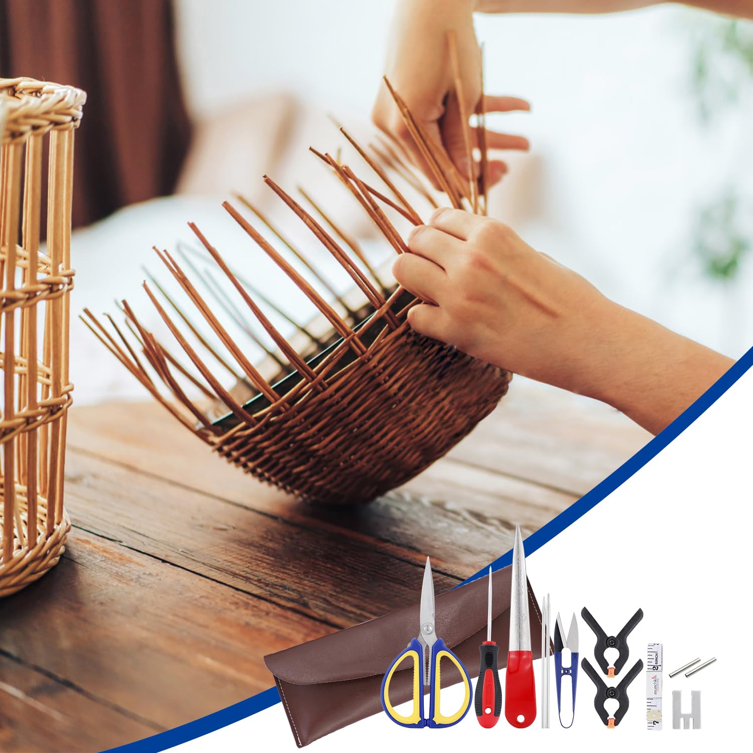 Wisepro Juego de herramientas para tejer cestas, 13 piezas de herramientas de ratán para manualidades, herramientas de bobinado de agujas de pino, kit de principiantes para hacer cestas, reparación de