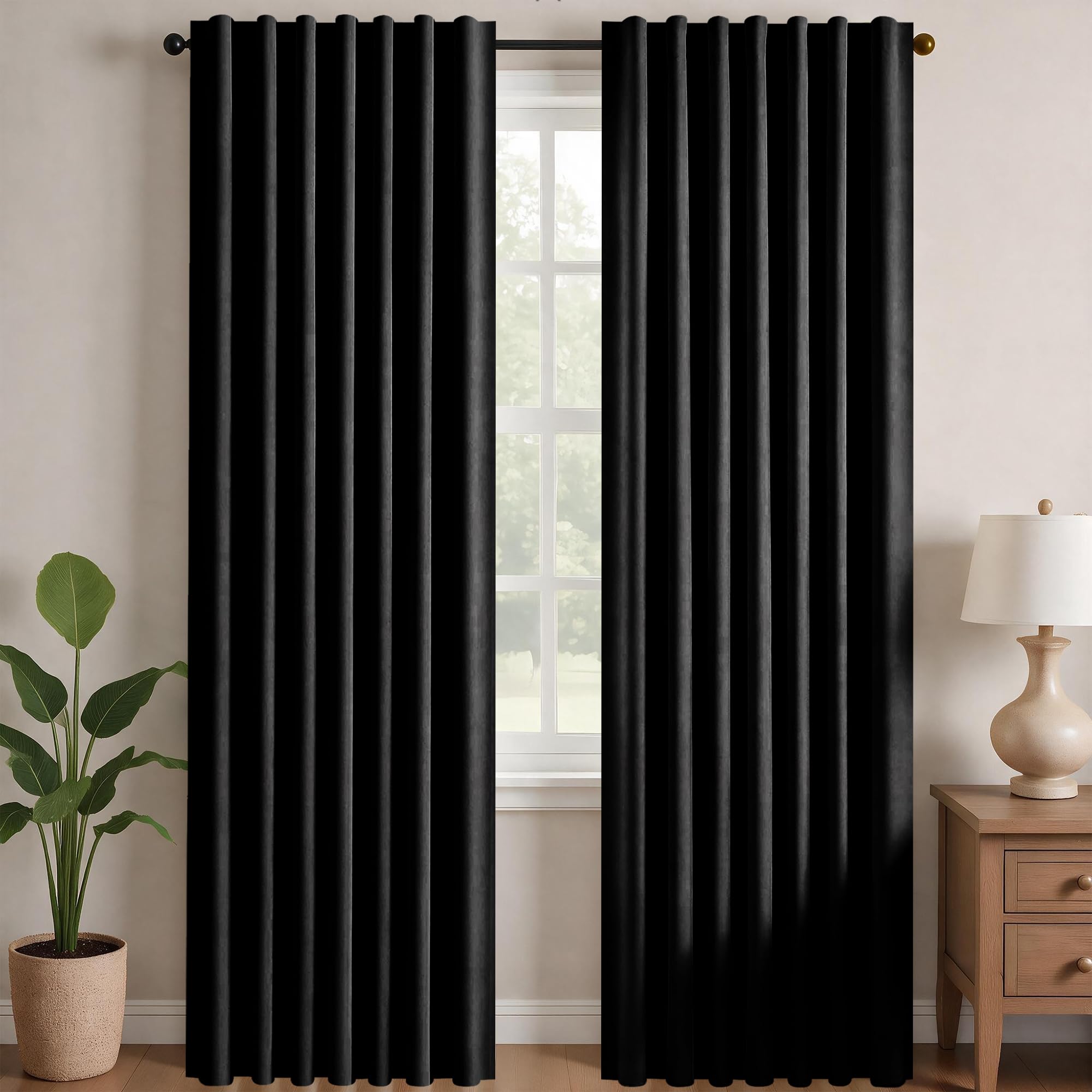 Deconovo Blackout Curtains for Bedroom, Living Room Curtains 84 Inches Long | Back Tab and Rod Pocket Drapes, Thermal Insulated, Room Darkening, Noise Reducing, Window Panels, Black, 52 x 84 Inch