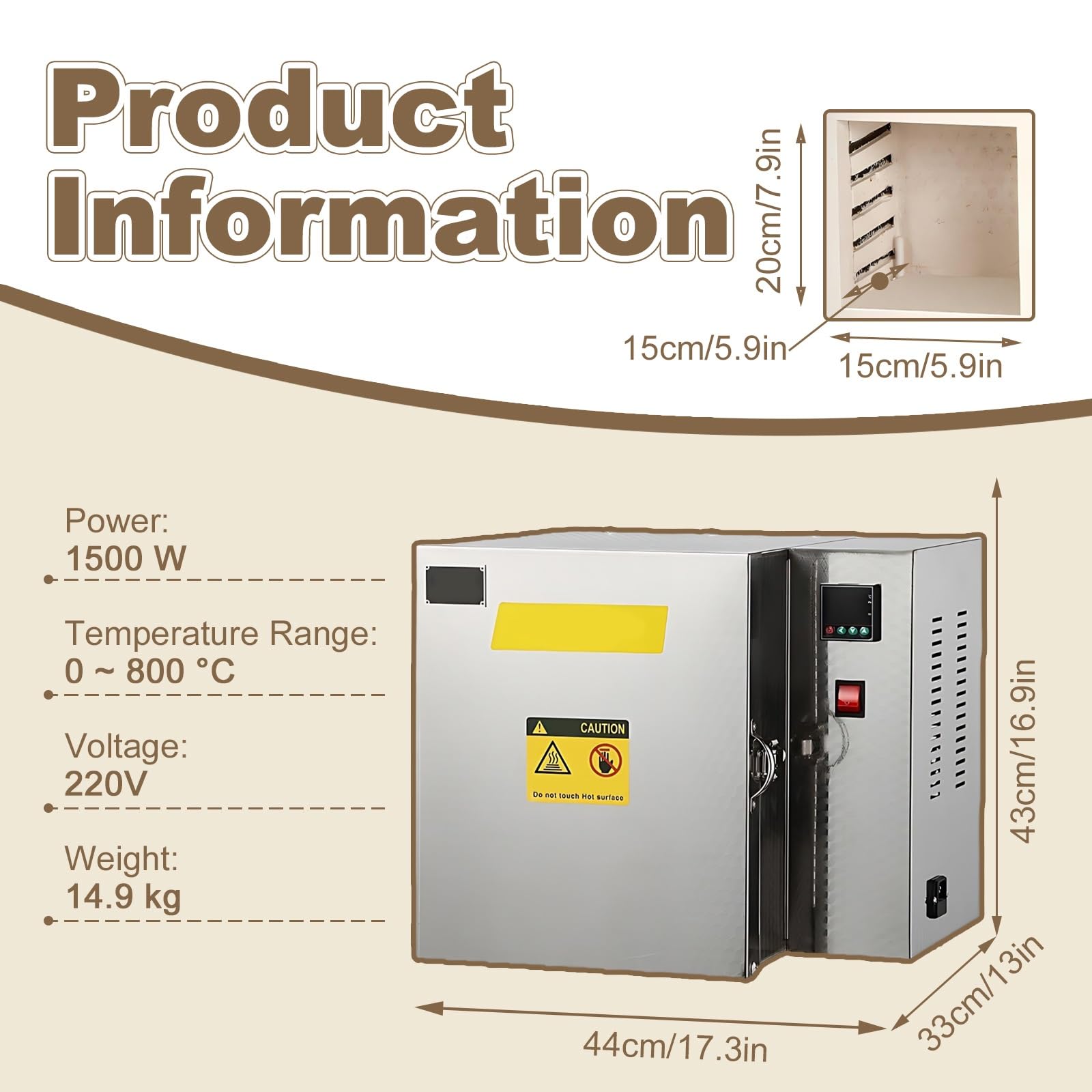 Horno Eléctrico 1500W con Pinza y Guantes, 800°C PID Alta Precisión para Fusing Vidrio, Esmaltado y Sinterización Arcilla, Diseño Compacto para Laboratorio