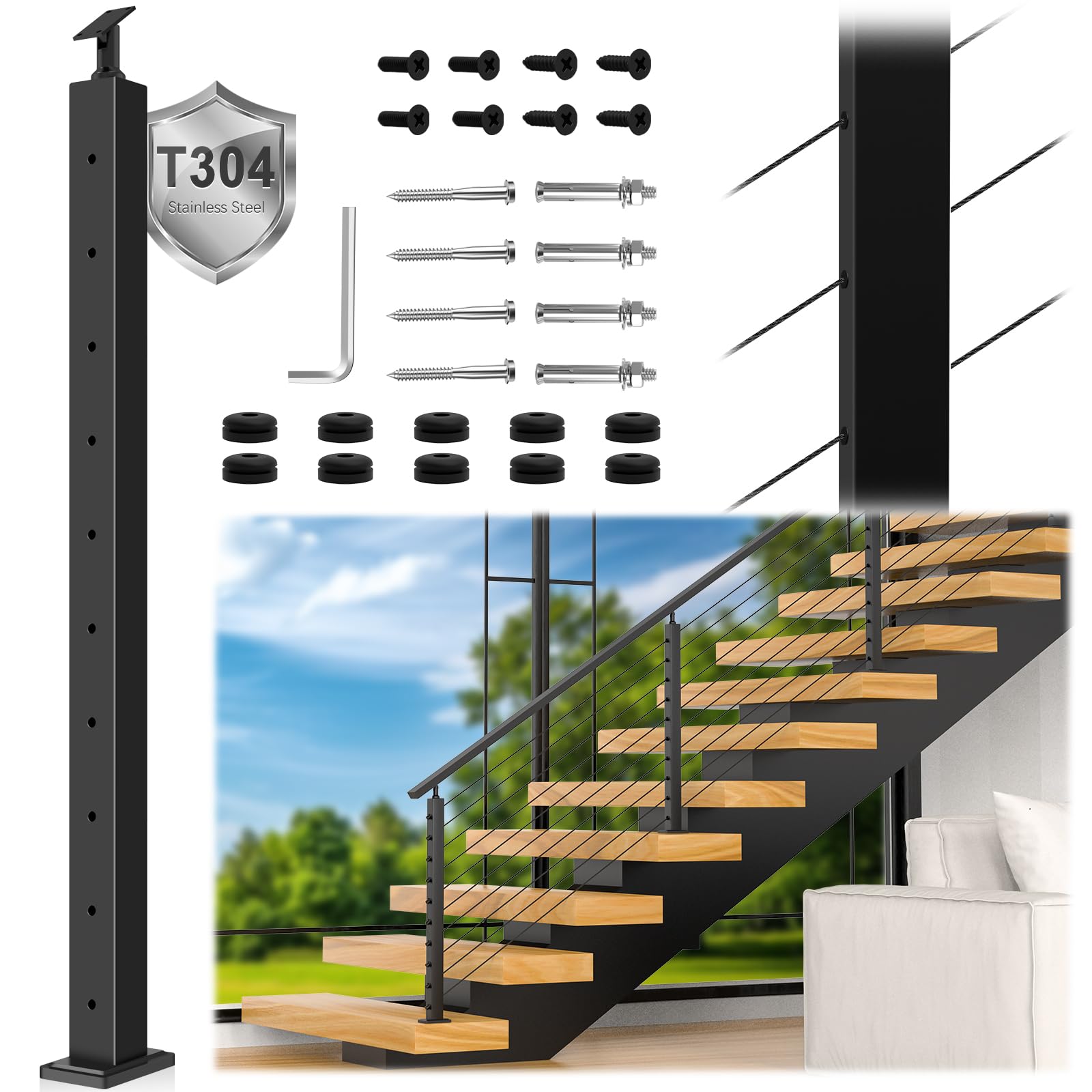 Zylorix T304 Cable Railing Stair Post 36"(Post 35"x2"x2"), 33° Drilled Railing Post with Cable Grommets Fit for 25-35° Stairway, Adjustable Top Mount Stainless Steel Black Finish Staircase Deck Post