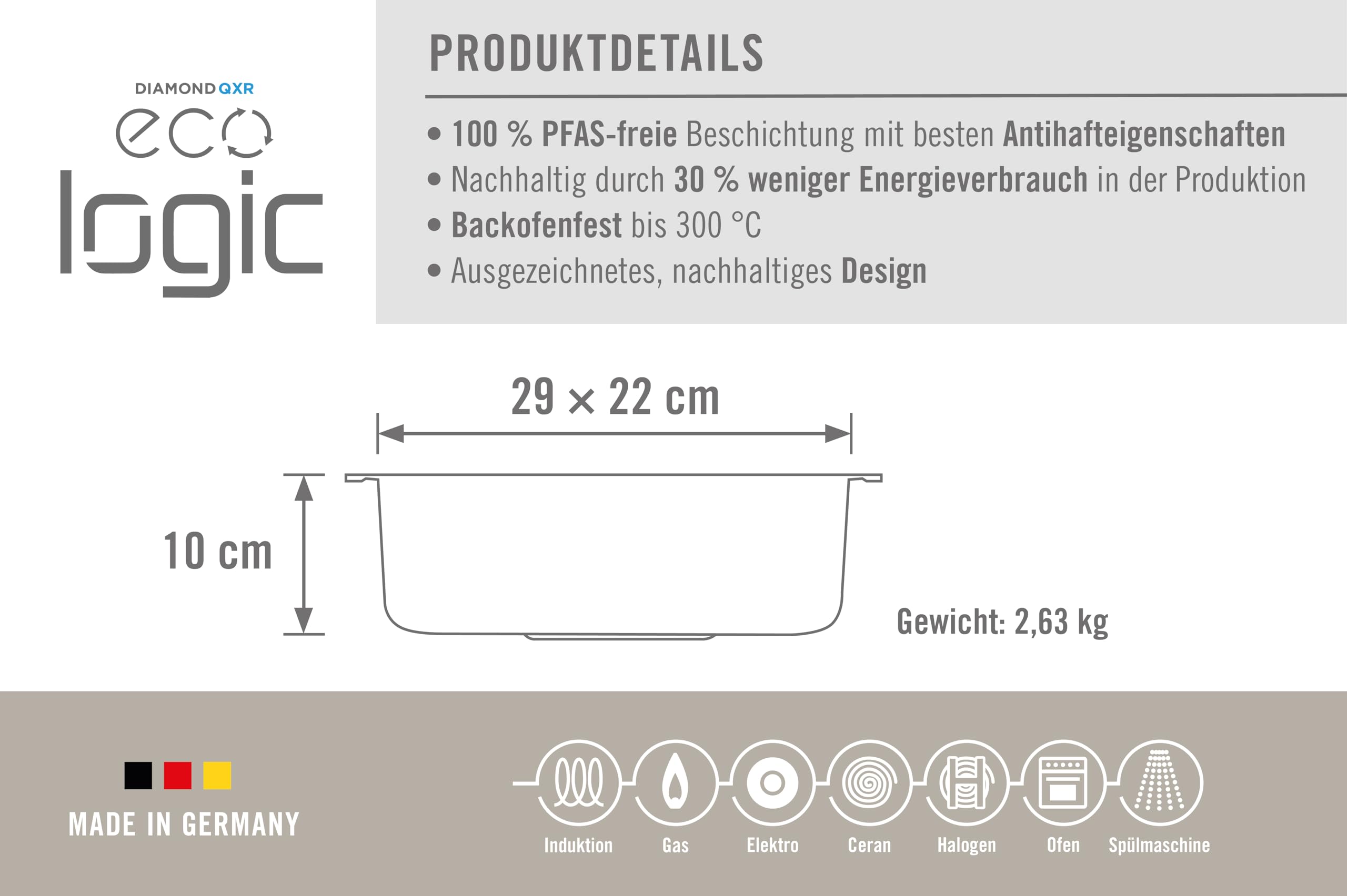 WOLL – Eco Logic QXR Bräter 29 x 22 cm, 4,5 l, 10 cm hoch, mit 2 Hebegriffen – PFAS-freier Antihaft-Bräter, backofenfest – Induktionsbräter – Auflaufform – Schmortopf, Schwarz