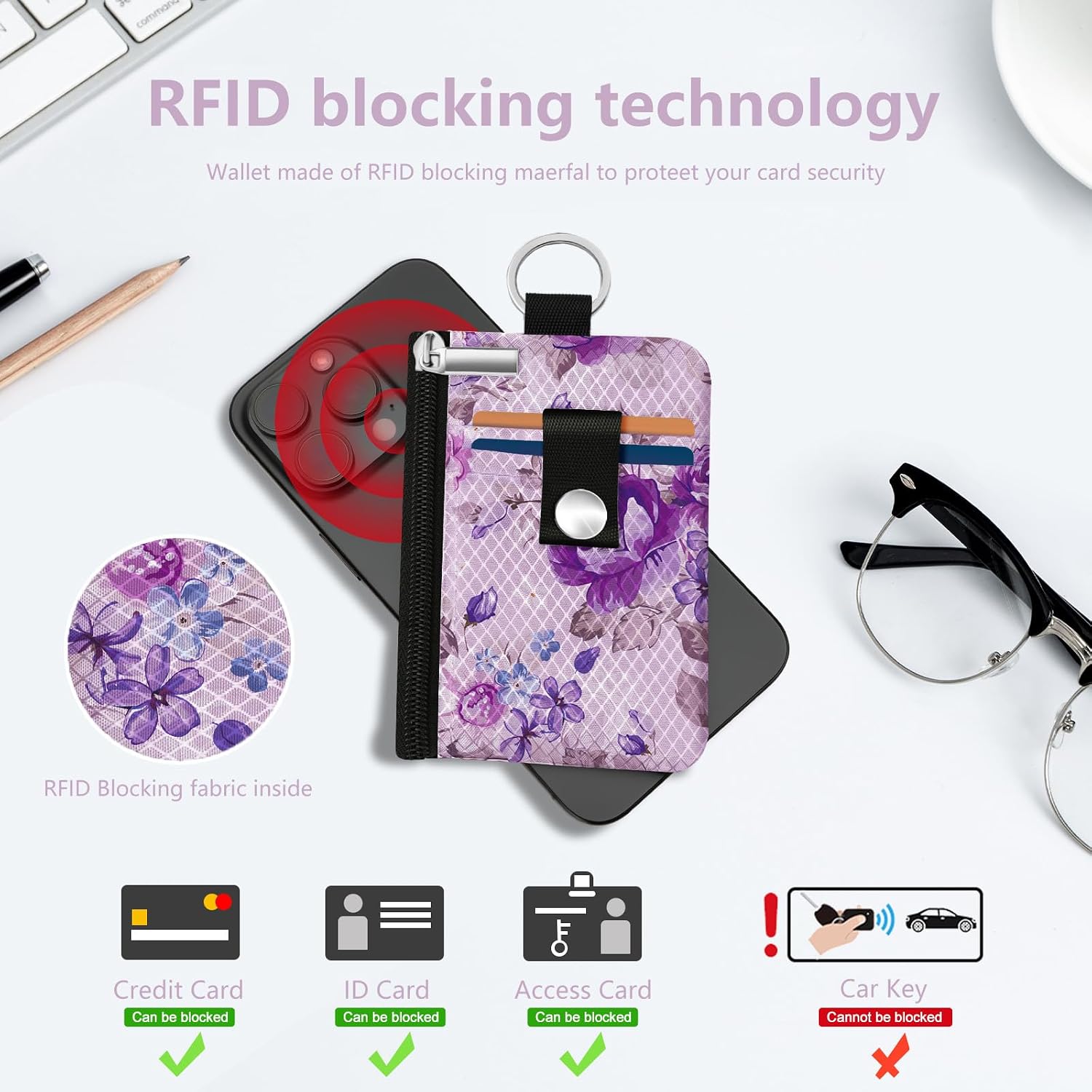 Wallet for Women Mini Zip Card Case with Clear ID Window Zipper Coin Purse Lightweight Portable Keychain Wallet RFID Blocking Card Case Card Holder for Women image 3
