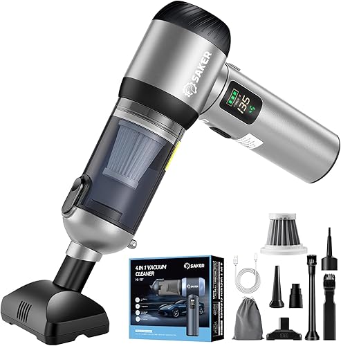 Saker Aspiradora portátil inalámbrica de 20000 Pa con potencia de succión 4 en 1, aspiradora de mano y plumero de aire con luz LED, carga tipo C,