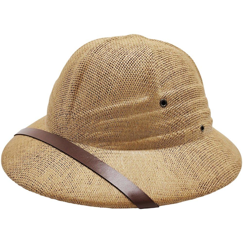 Uzztfa Men's Brown Straw Pith Helmet Pith Sun Hat Summer Vietnam War Army Hat Dad Boater Bucket Hats Safari Jungle Miners Cap Postman Hat
