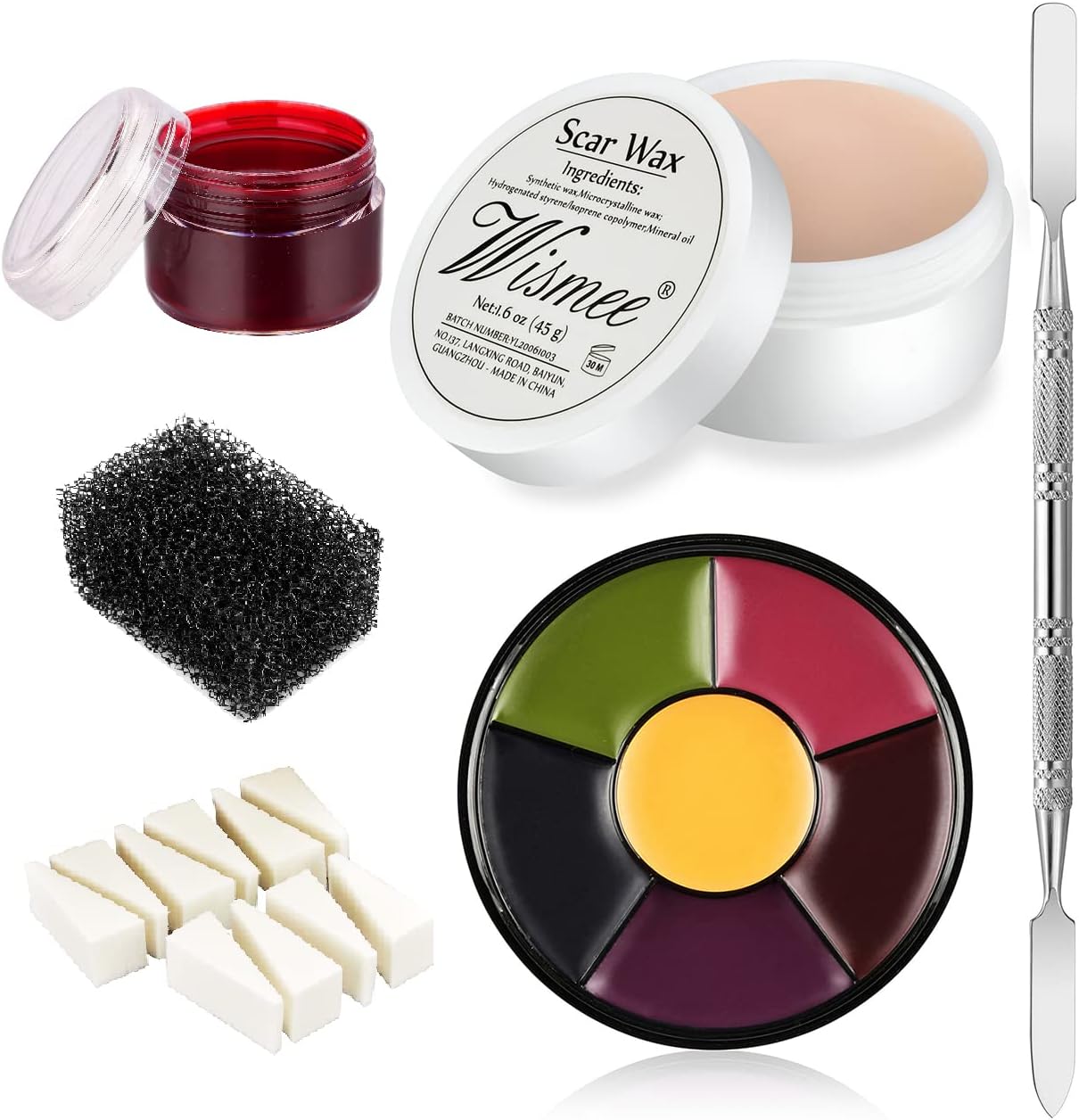 Special Effects Sfx Makeup Kit Professional Scar Wax Set 6 Color Bruise Wheel Makeup Kit Face Body Paint Oil with Sponges, Fake Scab Blood, Spatula Tool