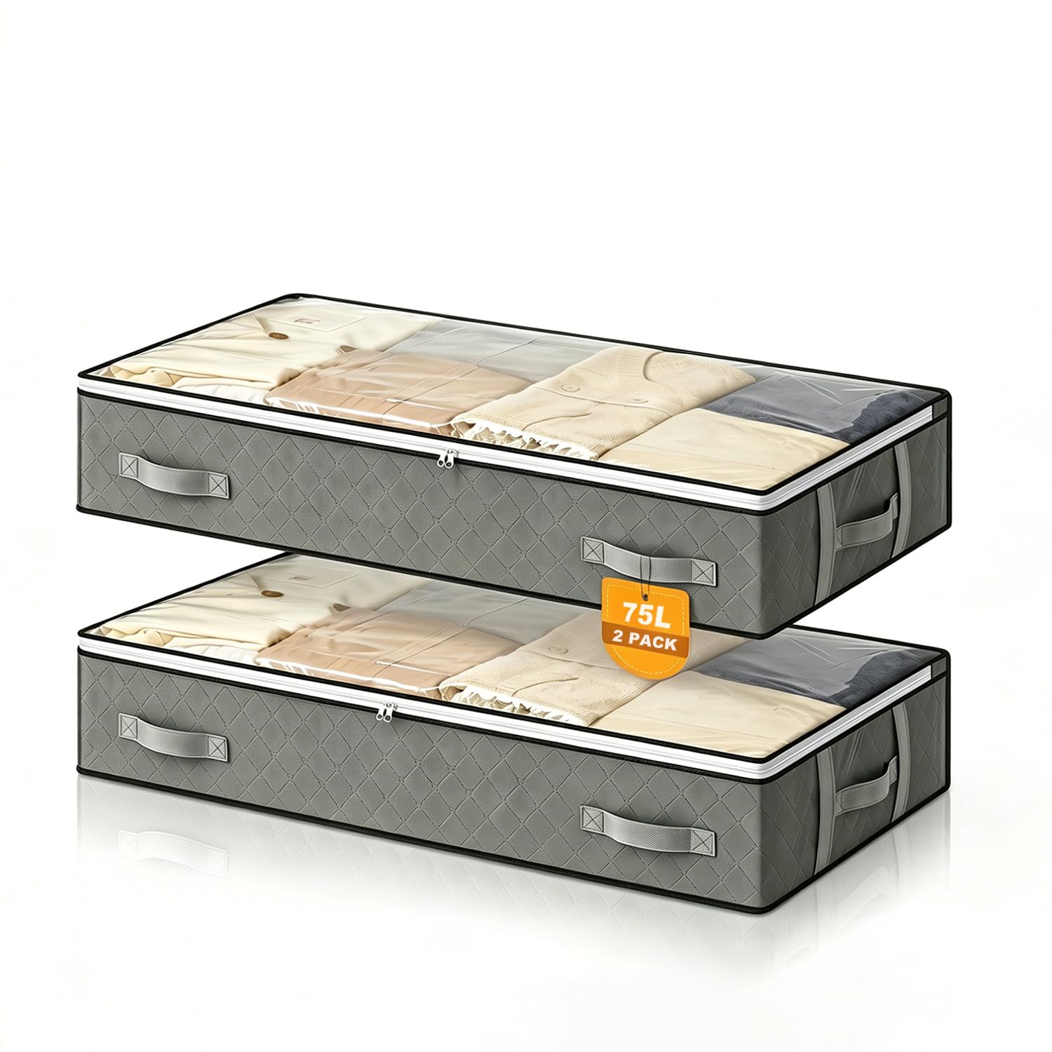 2 Pack 75L Under Bed Storage Box with Lid, Underbed Storage for Clothes & Bedding, Shoes, 15 cm Tall Under Bed Storage Bag with Zip, Clothes Storage Bags with Reinforced Handles & Clear Window