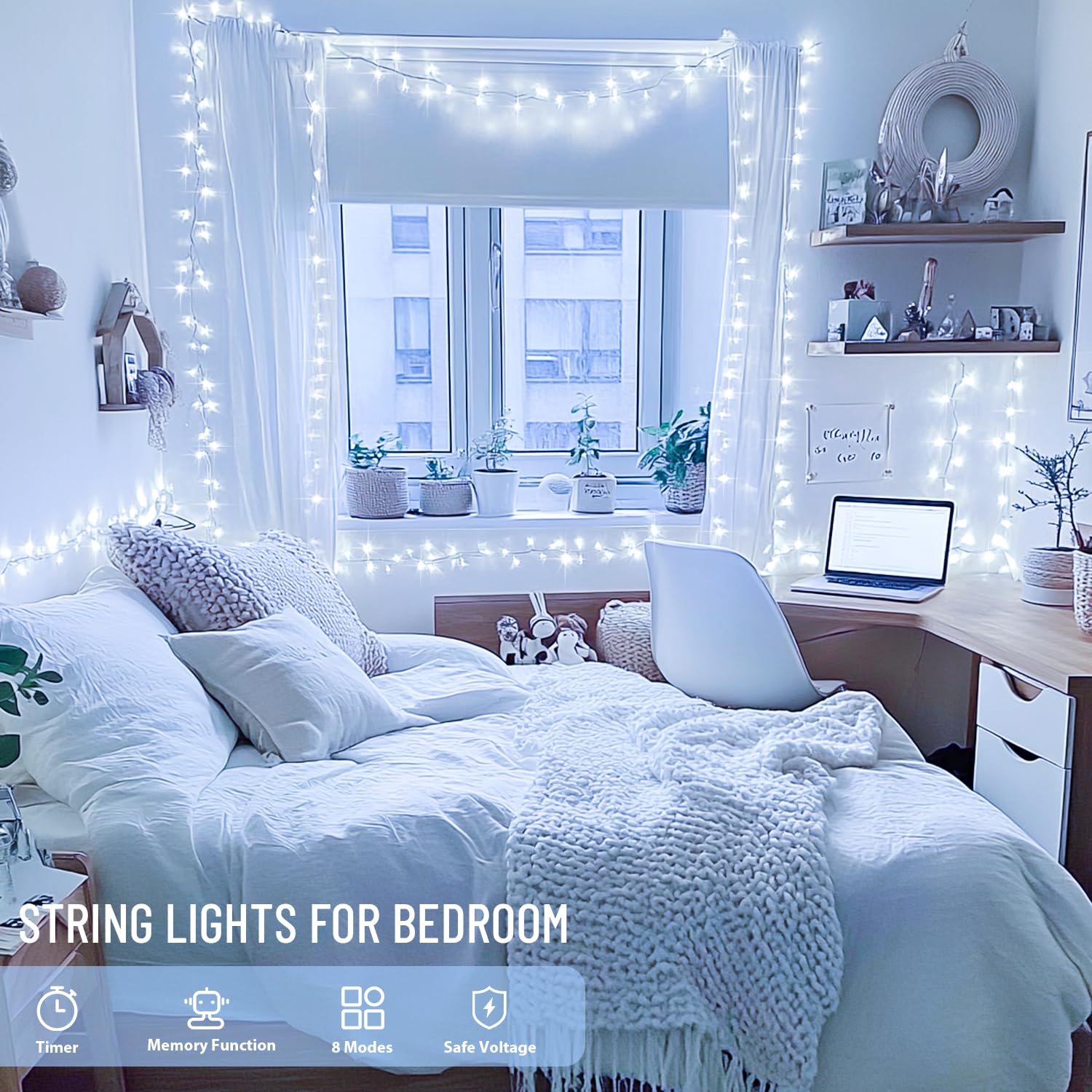 Paquete de 2 100 luces LED blancas de Navidad para interiores, 33 pies, 8 modos, tira de luces blancas para interiores y exteriores, conectables, alambre transparente, luces de Navidad para 4
