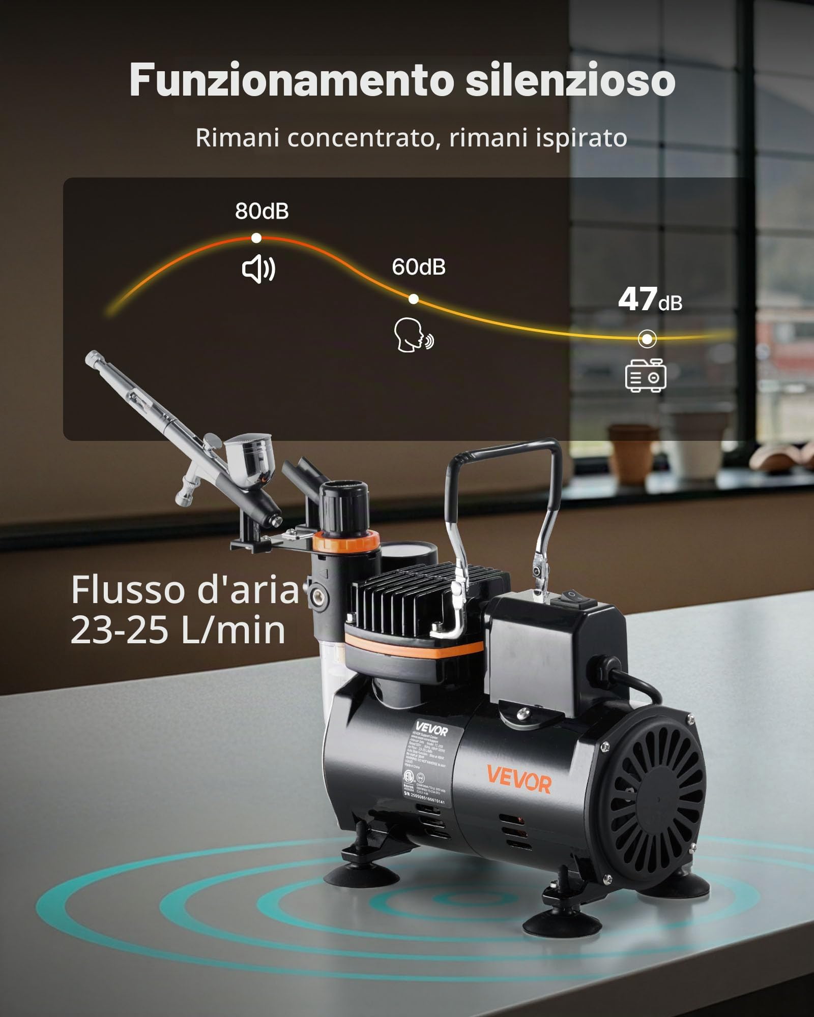 VEVOR Set Aerografo 1/6 HP con Compressore d'Aria, 1 Spruzzatore Aerografo a Doppia Azione con 3 Ugelli (0,2/0,3/0,5 mm) Set di Pulizia, per Decorazione di Torte, Pittura di Modelli