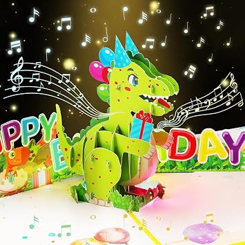Musical Dinosaur Birthday Card, Dinosaur Pop Up Birthday Cards with Envelope, 3D Happy Birthday Greeting Cards for Your Son Daughter Nephew Niece.