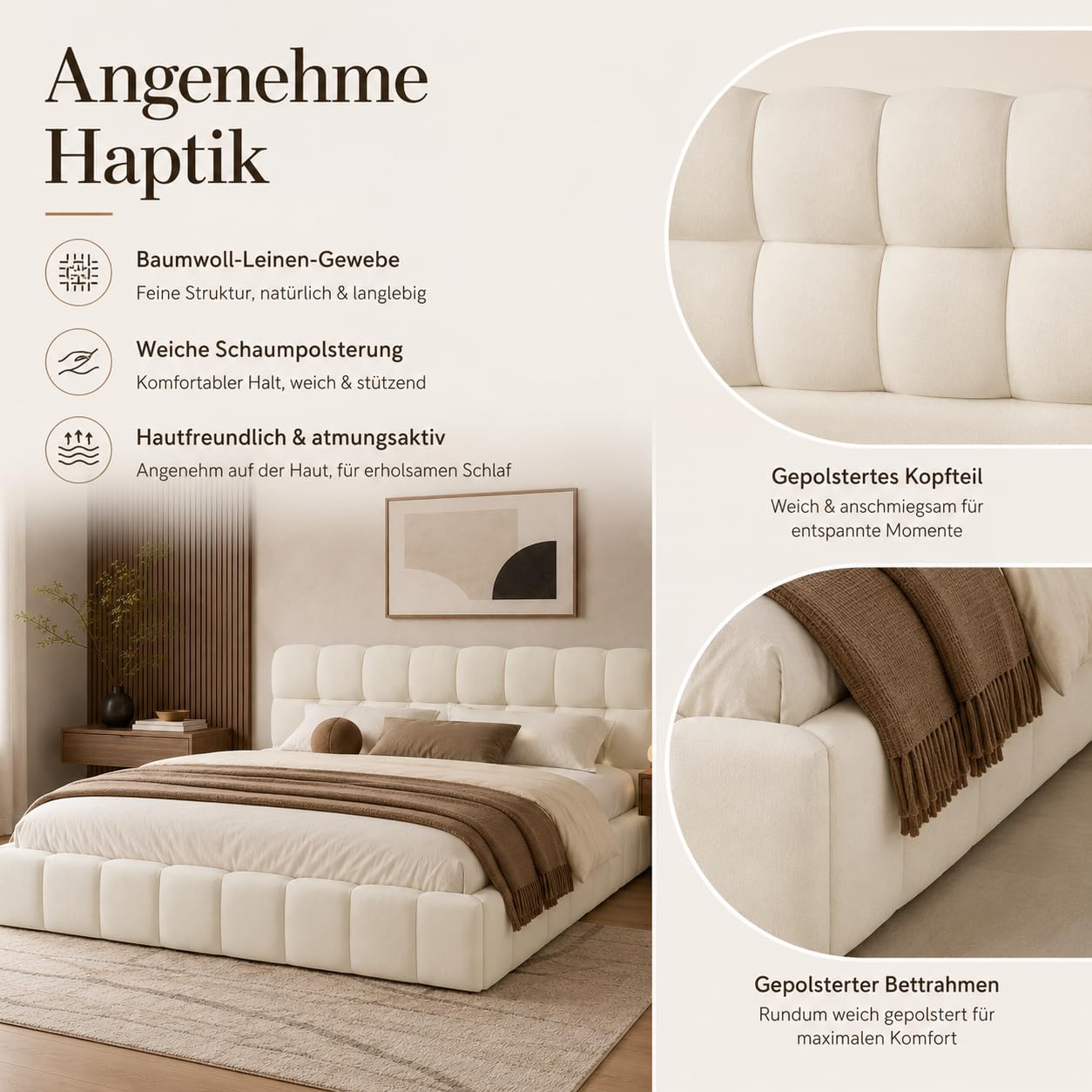 Polsterbett Bubble Bett 140x200, Doppelbett Polsterbett 140x200 Beige, Jugendbett Flachbett Gästebett Bettgestell Mit Lattenrost Und Kopfteil, Leinen, Ohne Matratze (Beige, 140x200cm)