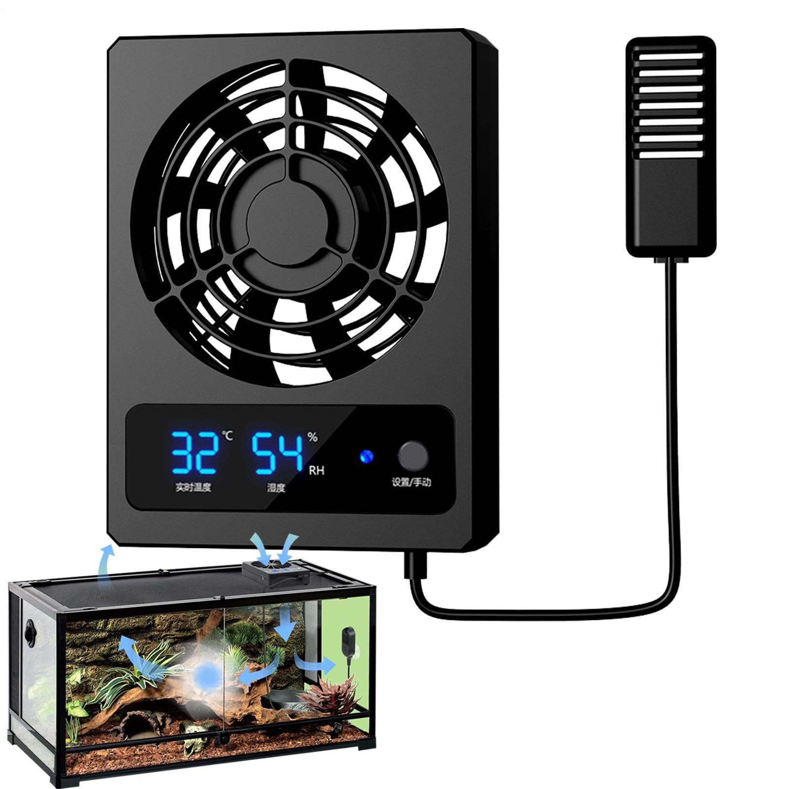 Ventilador de ventilación de terrario, silencioso, inteligente, control de grados, ventilador de hábitat Chelonia, dispositivo de monitoreo LED para serpientes, lagartos, anfibios, kit de entorno de