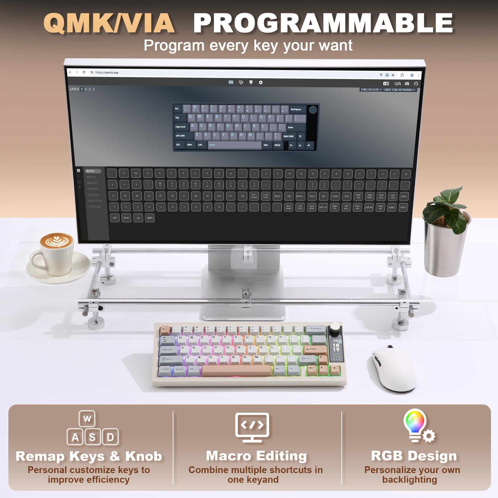 YUNZII IF68 QMK/Via Clavier Gamer Mécanique sans Fil (Beige, Candy) | Format 65% avec Écran TFT et Bouton Rotatif, Bluetooth/2.4G/Filaire, Hot-Swap, PBT, RGB, QWERTY, pour PC/Mac