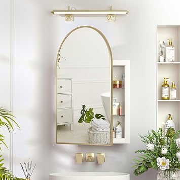 Arch Bathroom Mirror Cabinet,Metal Framed Bathroom Cabinets with Mirror,Brushed Gold Mirrored Cabinets Wall Mounted,Modern Bathroom Mirror Cupboard Curved,Recessed Medicine Cabinet 51x76