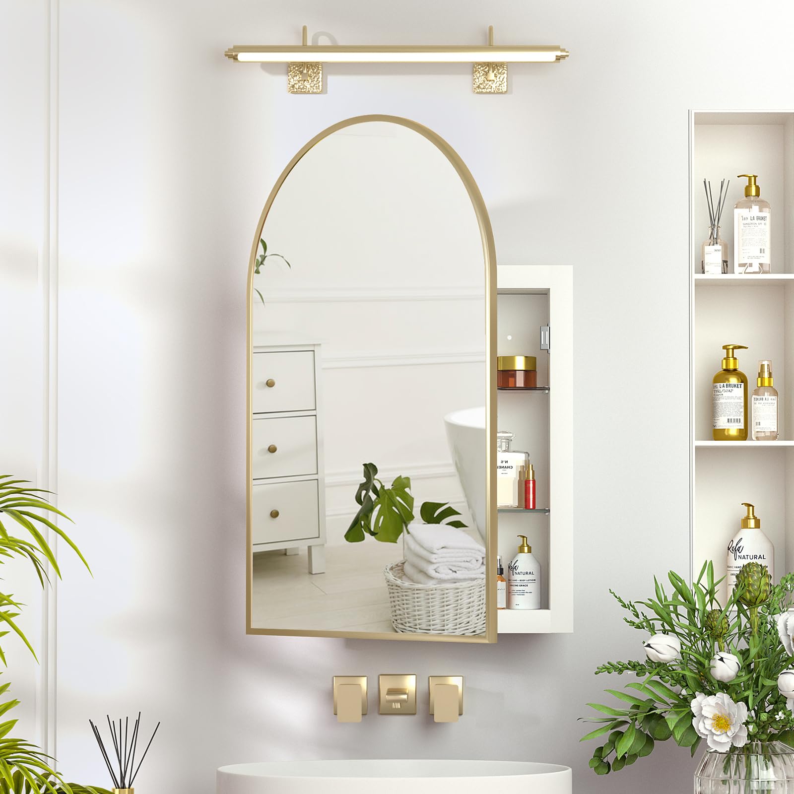 Mepplzian Arch Bathroom Mirror Cabinet,Metal Framed Bathroom Cabinets with Mirror,Brushed Gold Mirrored Cabinets Wall Mounted,Modern Bathroom Mirror Cupboard Curved,Recessed Medicine Cabinet 51x76