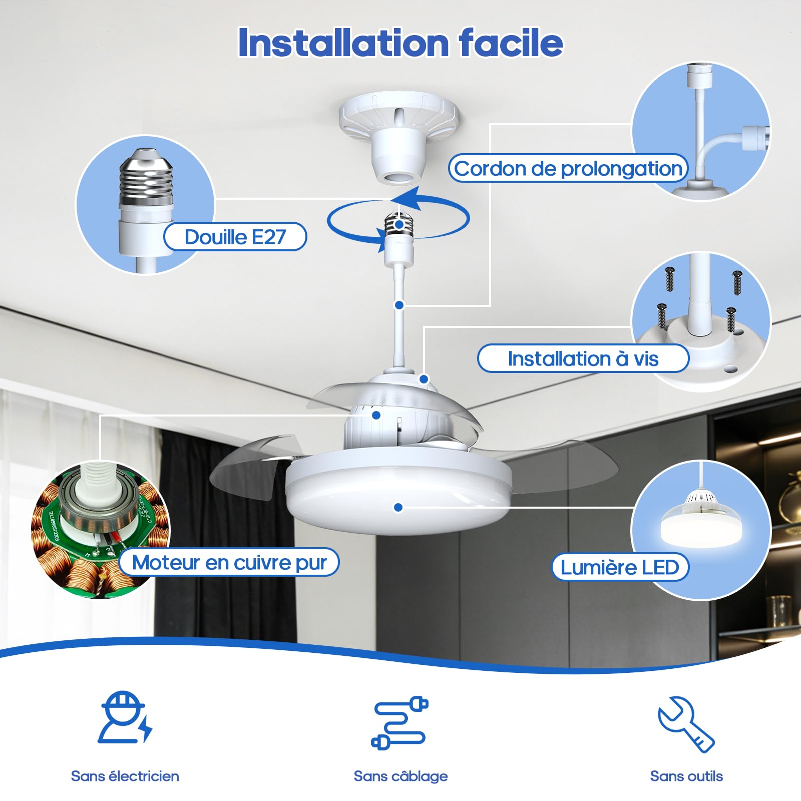 GOODEA Caché Ventilateur de Plafond Silencieux 40cm avec Lumière et Télécommande 30W E27 2000lm Dimmable