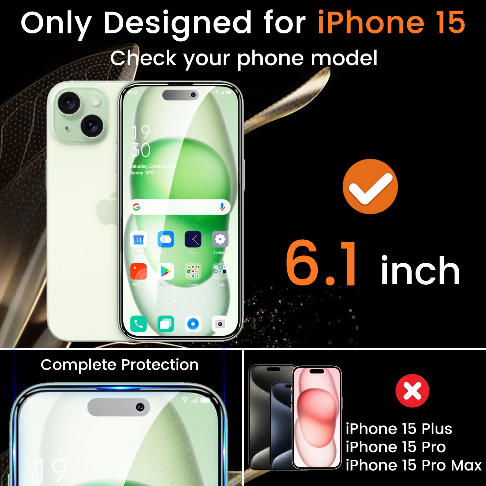 Lesakit Osłona ekranu do iPhone'a 15 o przekątnej ekranu 15 6,1 cala z 4 szt. ochraniaczy obiektywu aparatu, folia ze szkła hartowanego Anti Spy, twardość 9H, przyjazna dla obudowy