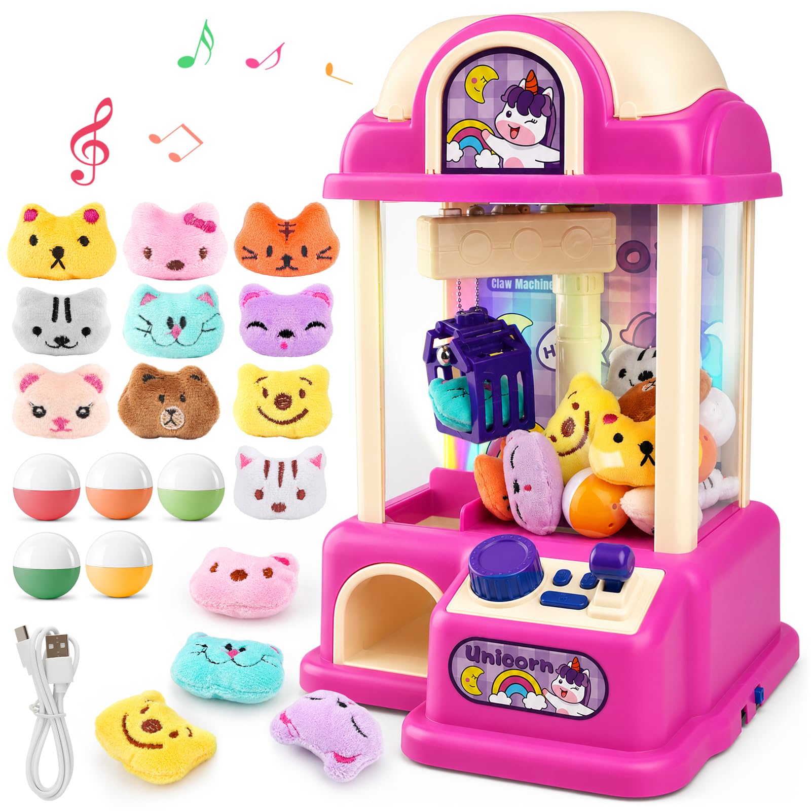 Mini Claw Machine Toy for Kids, Unicorn Arcade Game with Light and Music, 10 Plush Toys and 5 Capsules, Candy Grabber Machine, Birthday for Girls Boys Age 3+