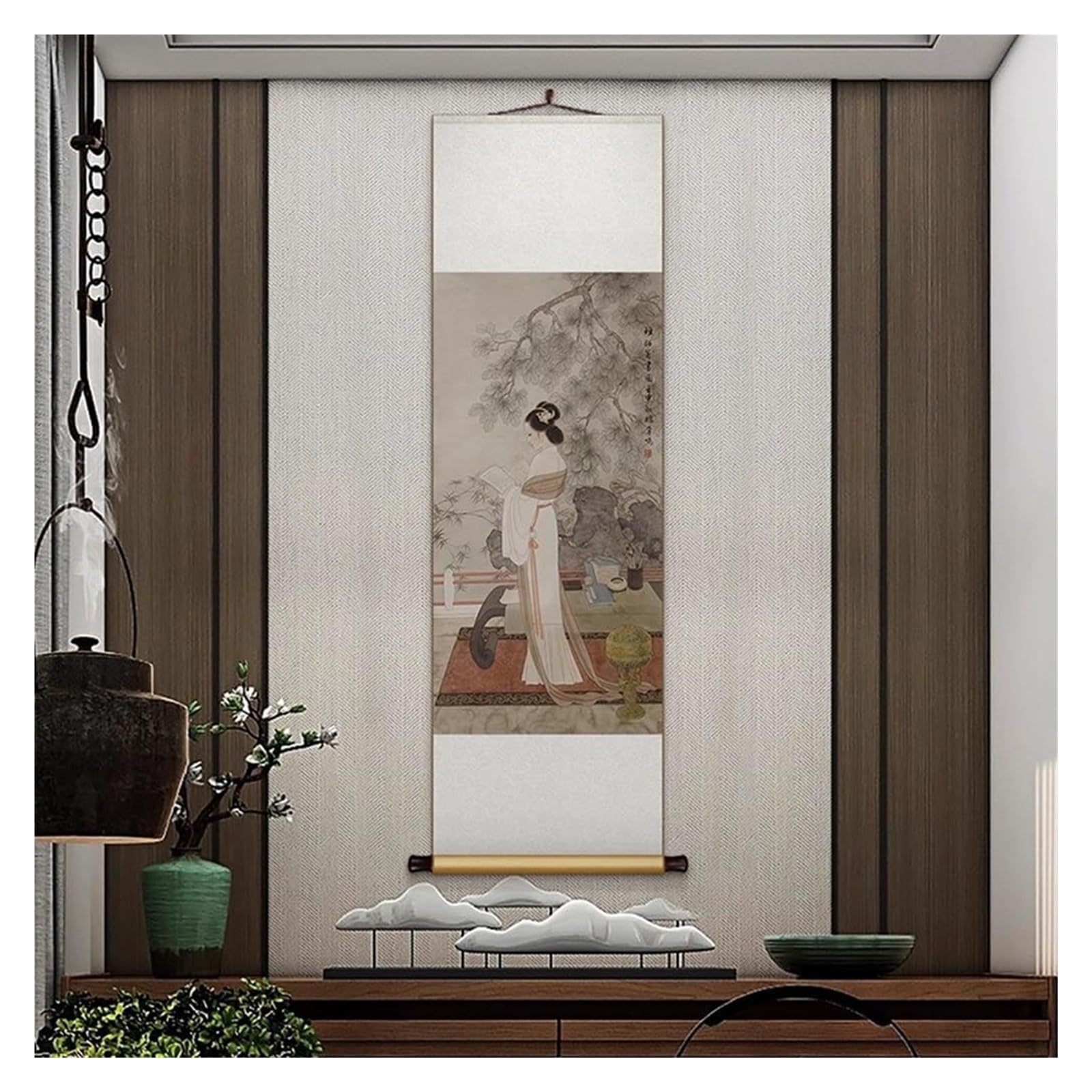 Elegancka dama czytająca zwój, chiński jedwabny obraz do dekoracji ścian w biurze, orientalny wiszący prezent na święta(Creamy White,50L x 158W cm)