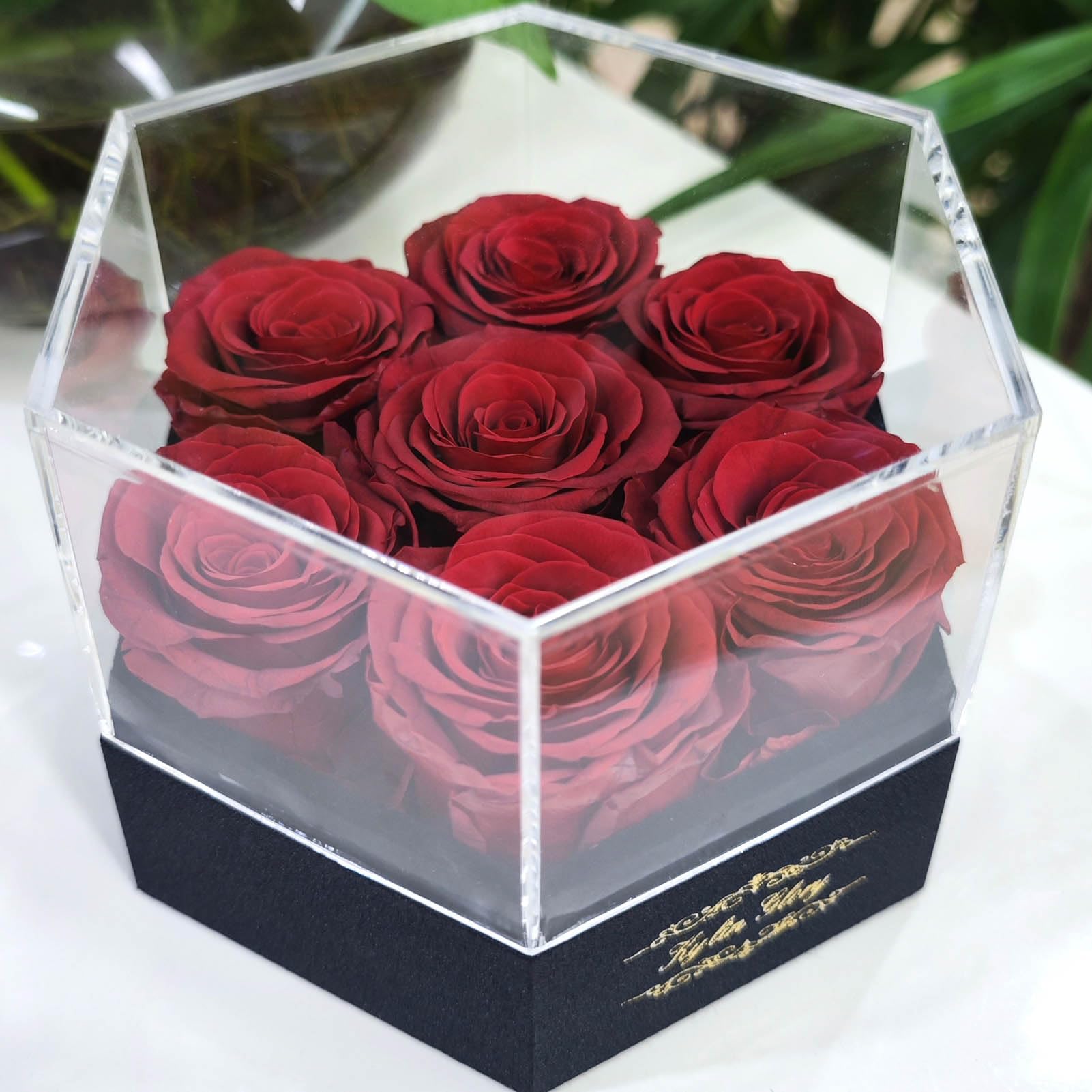 Roses Préservées Kylin Glory - 7 Fleurs Éternelles Sous Cloche Hexagonale - Violet
