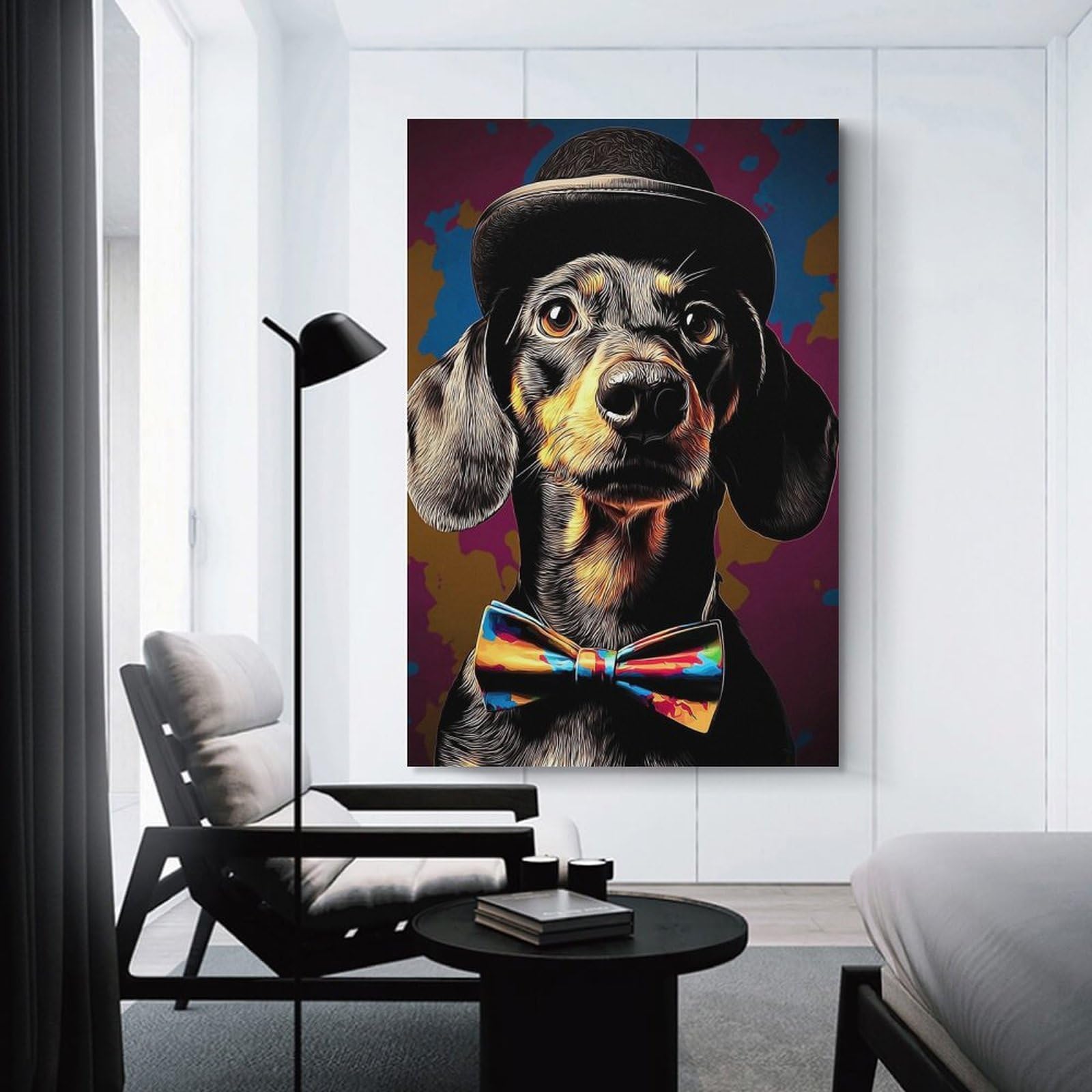 Junmoney Unframe-Stylish Dachshund In Top Hat And Bow Tie -2 Stylish Dachshund In Top Hat And Bow Tie -2 Decorative Wall Artwork, 20X30inch(50X75cm), For Hallway, Lounge Or Guest Room, Decorative Present For New Homes