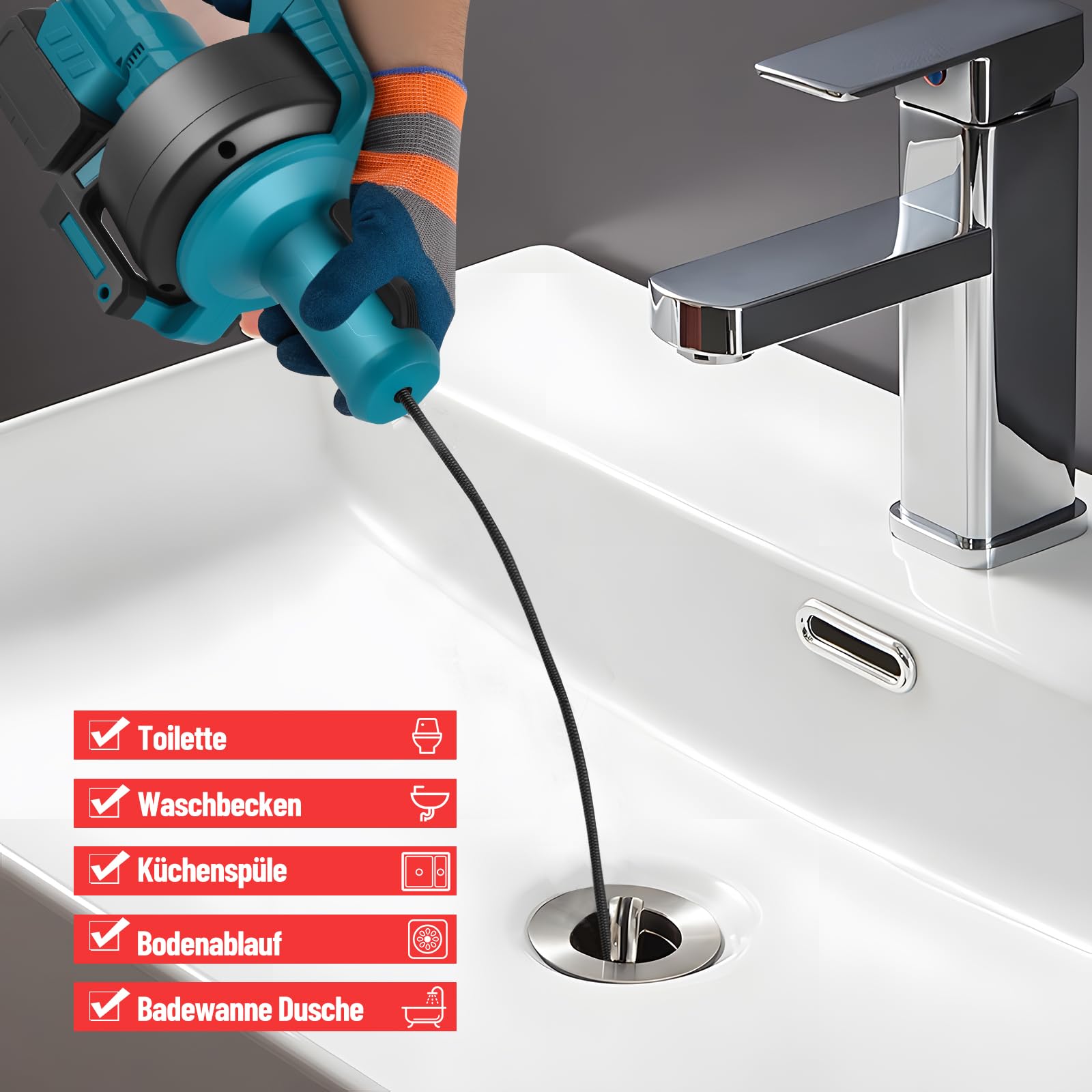 Akku Rohrreinigungsmaschine für Makita Akku 21V,rohrreinigungsspirale elektrisch mit 7.4M, Geeignet für 35–100 mm Rohre,spirale abfluss rohrreinigung für Abwasserkanäle, Toiletten(ohne Akku)