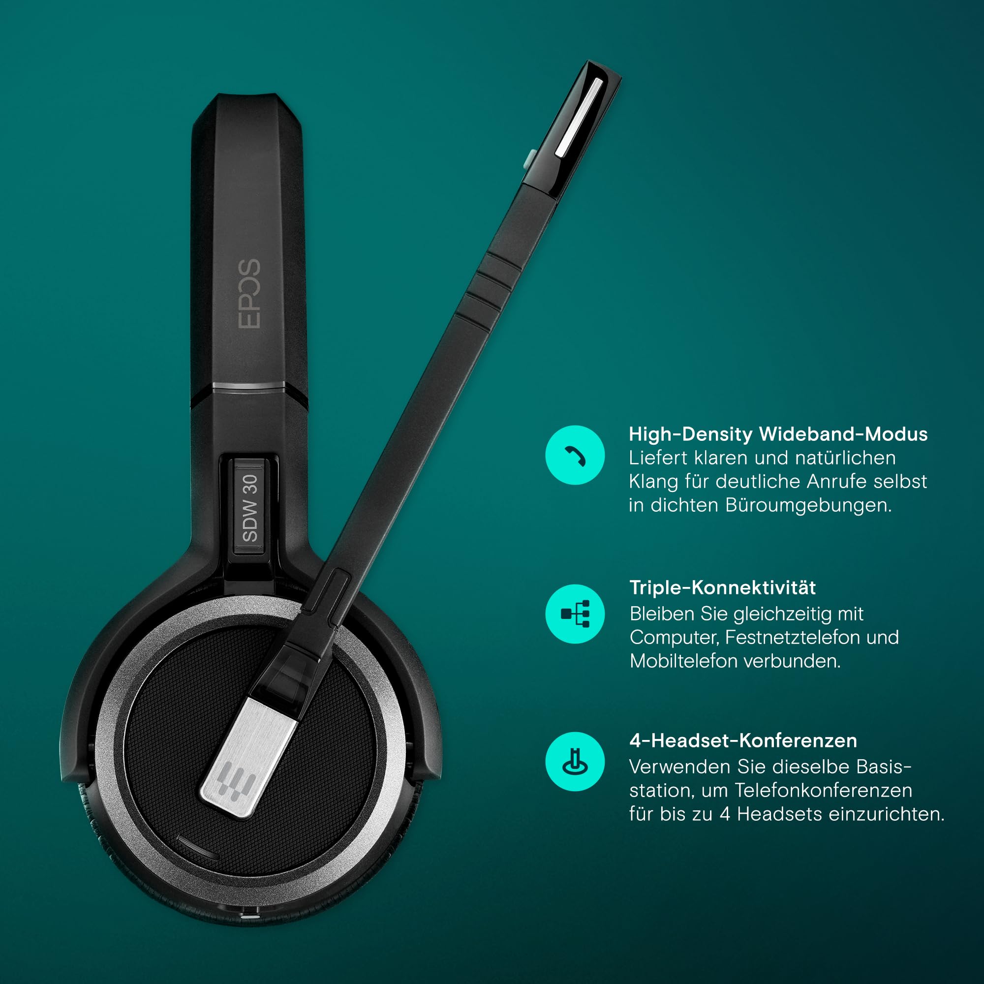 EPOS SDW 30 HS DECT-Headset - Herausragende Klangqualität, Drahtlose Bürokommunikation, Sichere DECT-Technologie, Multi-Geräte-Konnektivität, Ganztägiger