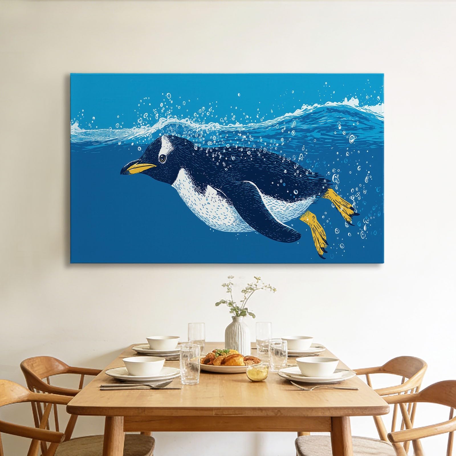 Genérico Obraz na płótnie z nadrukiem 3D niebieski pingwin z kreskówek 100 x 75 cm nowoczesne duże obrazy na ścianę, dekoracja salonu i sypialni, z ramą