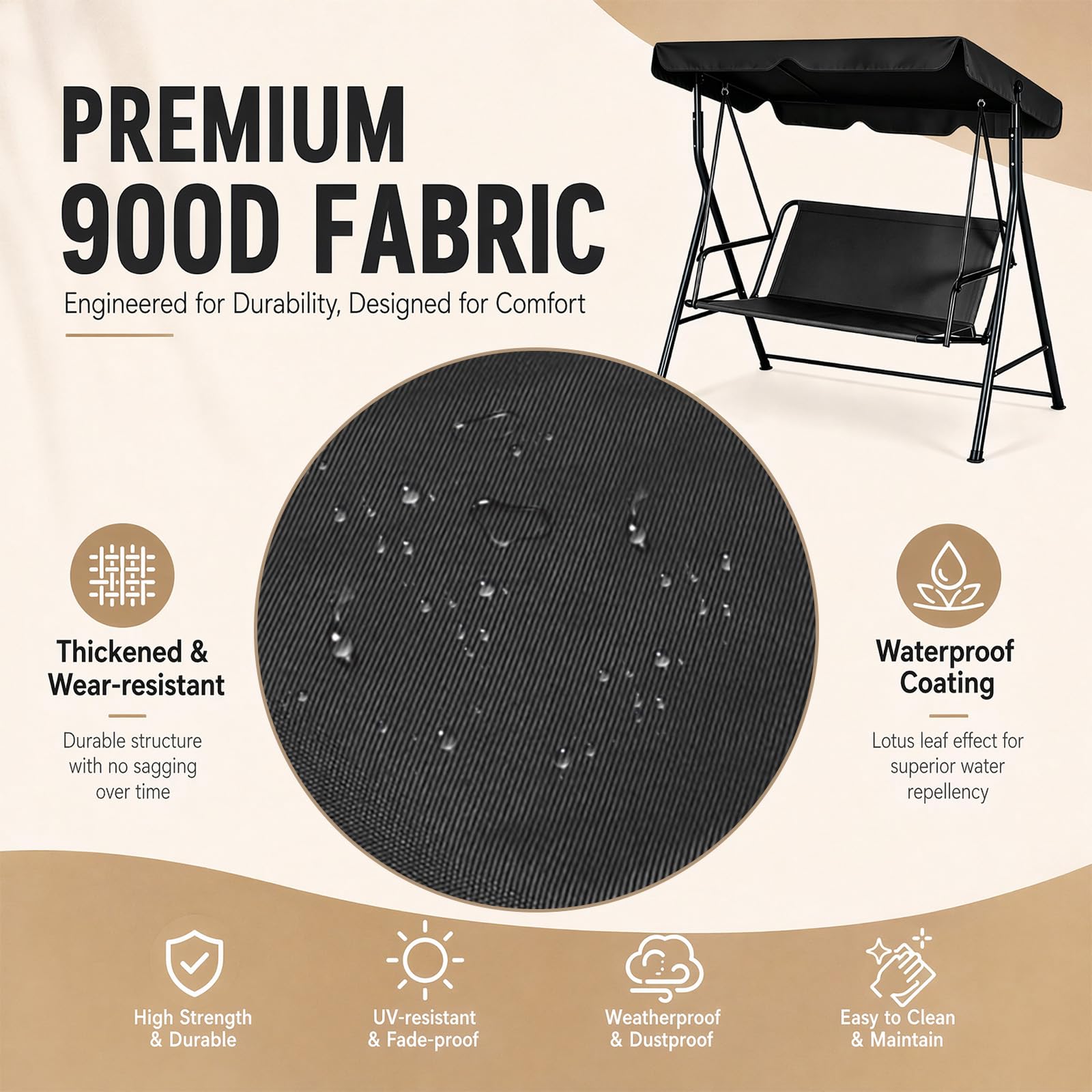 Fodera di ricambio per seduta di dondolo Hollywood, coprisedile per altalena da giardino, tessuto Oxford 900D impermeabile e antistrappo, fodera per dondolo da 2 e 3 posti 115 x 48 x 48 cm