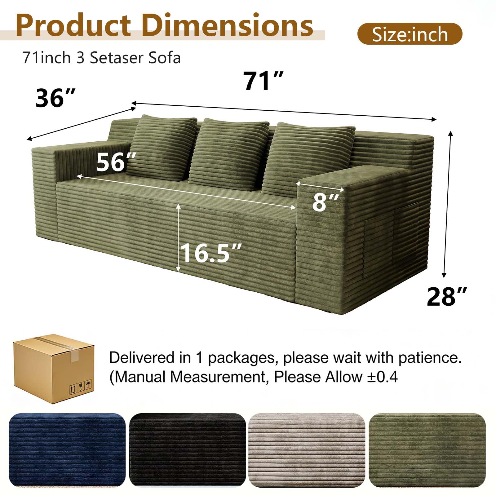 Photo 1 of ??71" Boneless Couch, Plush Corduroy 3 Setaser Cloud Sofa with 3 Pillows,Comfy Deep Seat Couch, Memory Foam, No Assembly Required, Floor Sofa for Living Room, Bedroom, Apartment (Green)