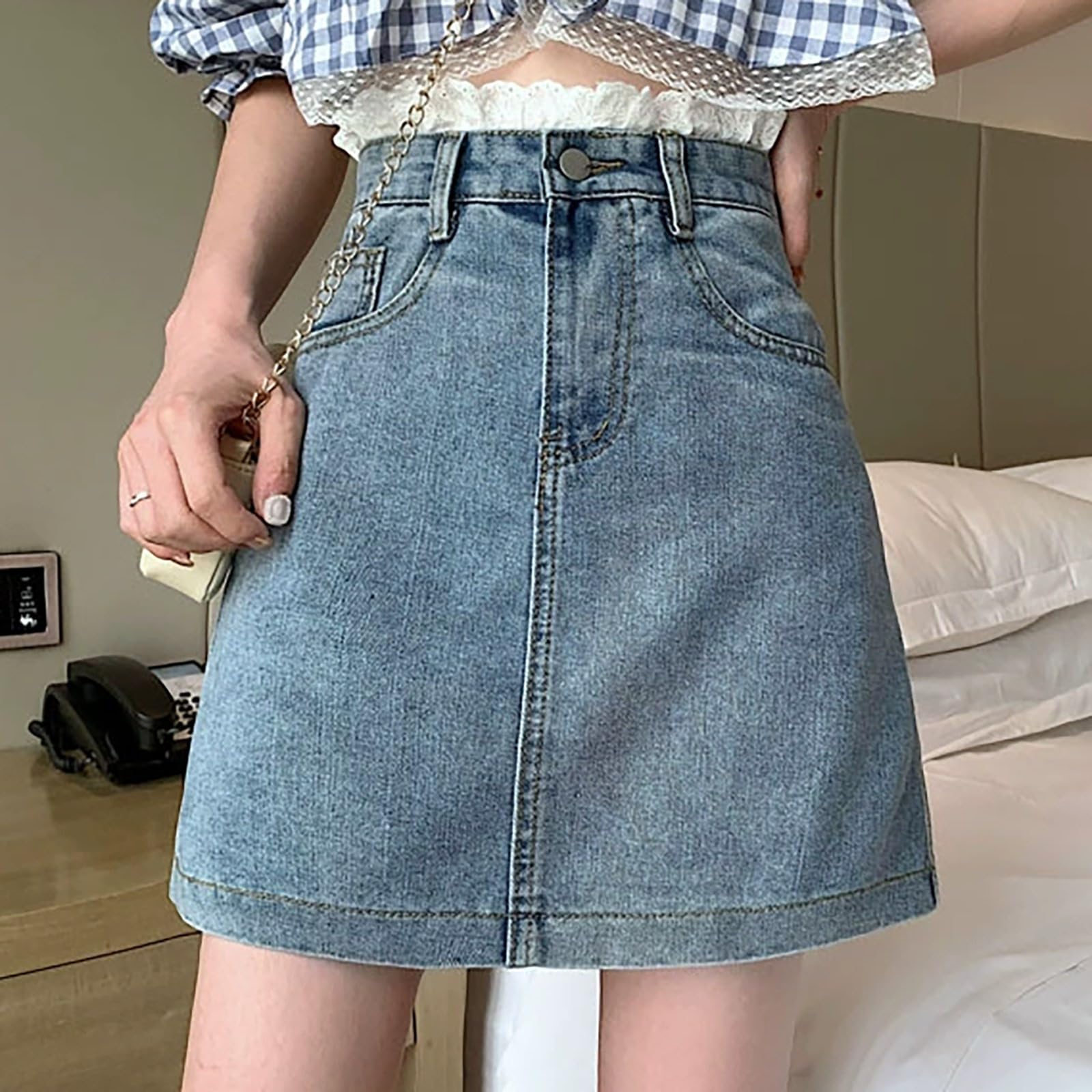 Jupe en jean pour femme - Taille haute - Culotte asymétrique - Mode décontractée - Avec pantalon court - Ligne A - Bouton - Pantalon élégant