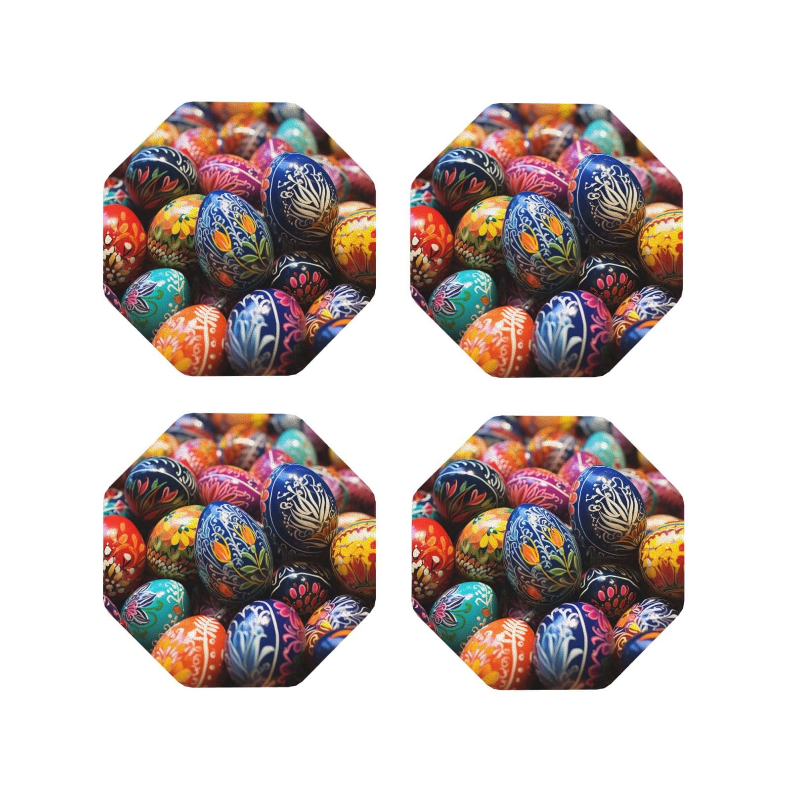 4pcs Drink Coasters for Tabletop Protection, 4" Leather Coasters for Drinks, Colorful Hand Painted Easter Eggs Cup Coasters for Coffee Table Decor, Non-Slip Drinking Cup Mat for Hot Or Cold Drink