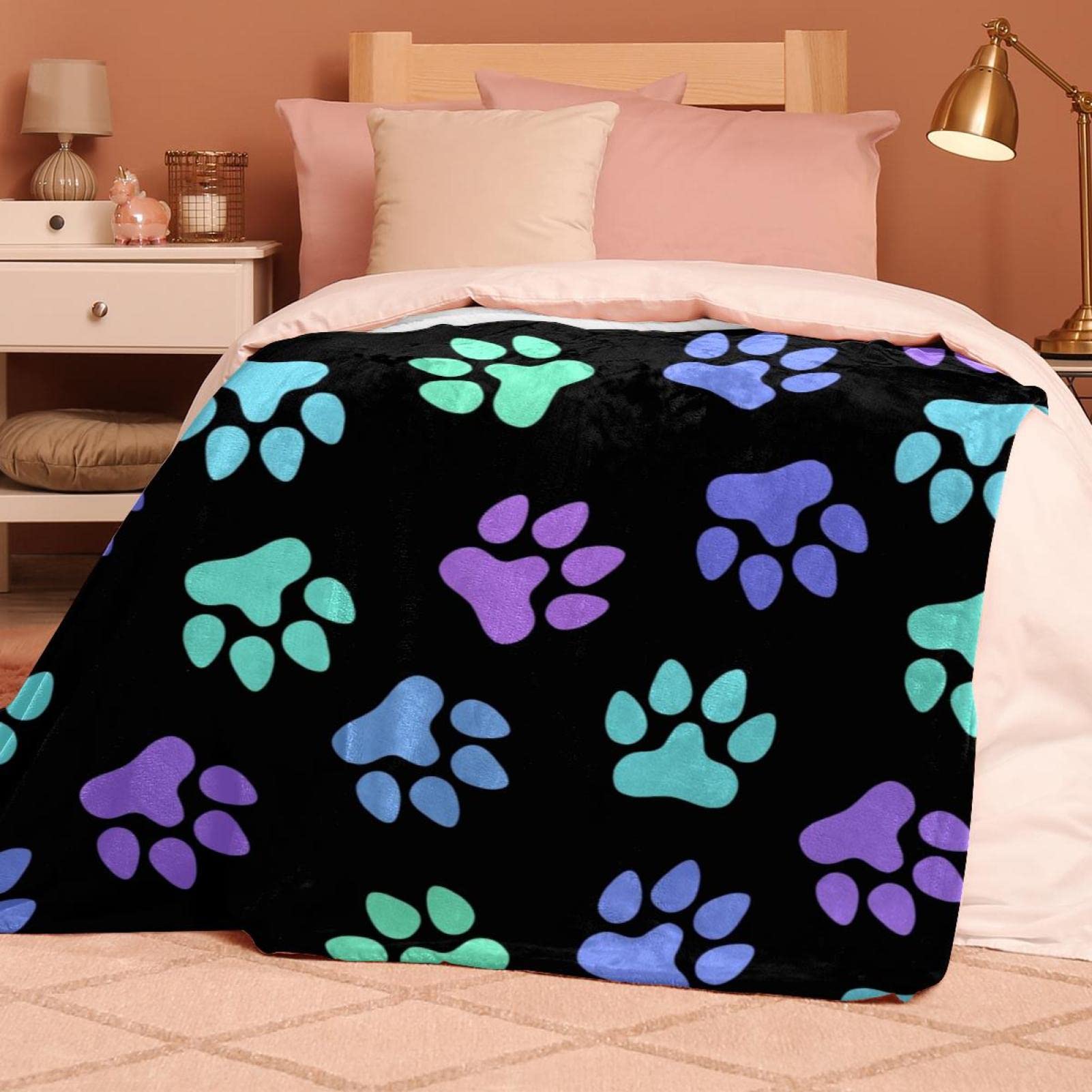 Coperta in pile con zampe di animali al neon - morbida e leggera peluche accogliente - perfetta per letto, divano, viaggi, campeggio, 150 x 199 cm