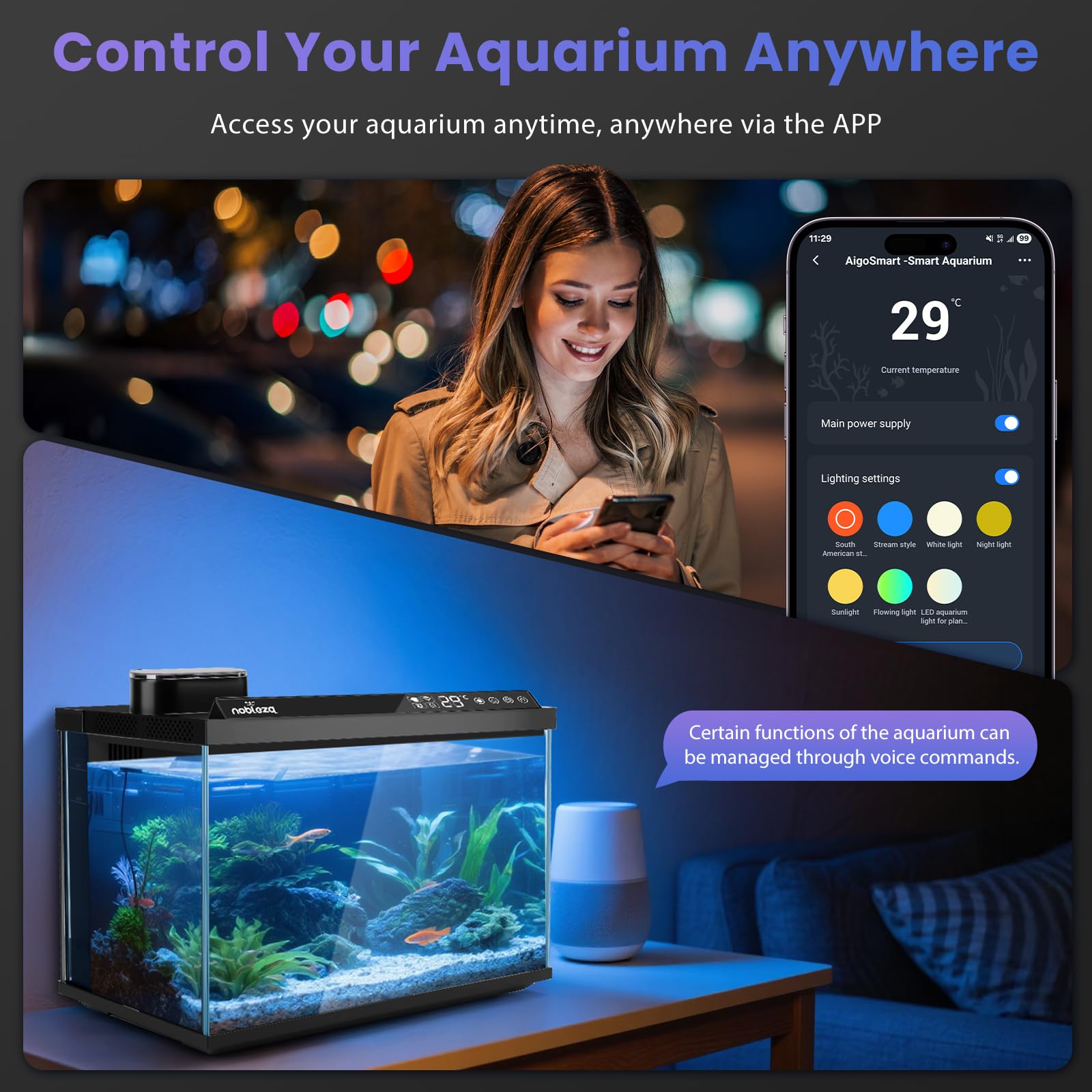 Nobleza Acquario Smart 30L, Set Completo WiFi con App e Cambio Acqua Rapido | Vasca da 30L in vetro ultra-chiaro con controllo smart, pompa a 3 stadi, mangiatoia automatica e luci a 6 modalità per uffici