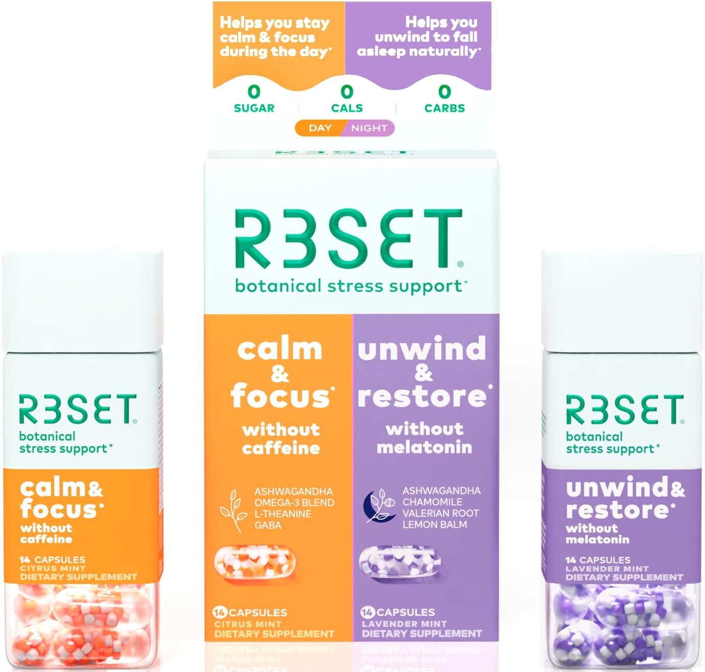 R3SET Day & Night Combo Pack, Calm & Unwind & Sleep Support Supplements, 28 Veg Capsules