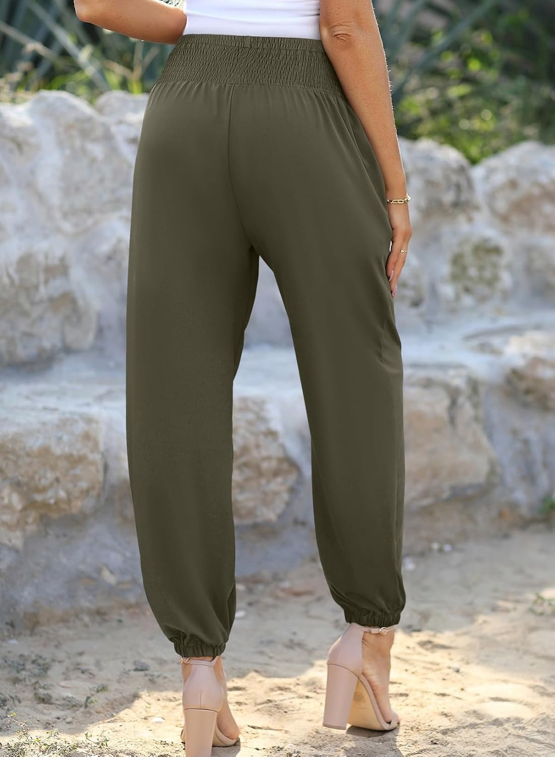 Dokotoo Womens High Waisted Pants Summer Casual Loose Wide Leg Palazzo Flowy Beach Trousers with Pockets - Image 3