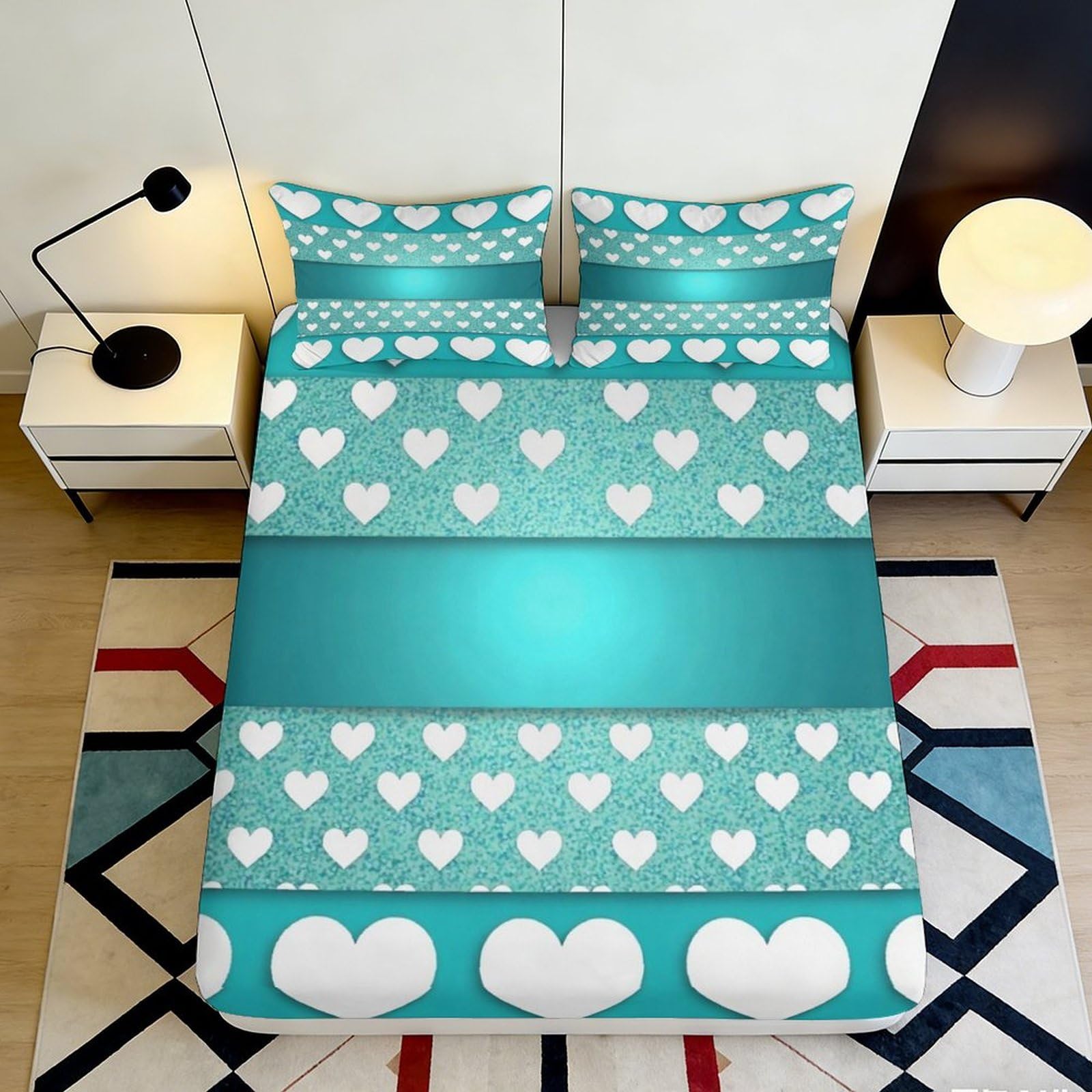3D Printed Turquoise Heart Pattern Fitted Sheet Microfiber Non-Slip Bed Cover Machine Washable for Bedroom Dorm Decor 160x200x25cm