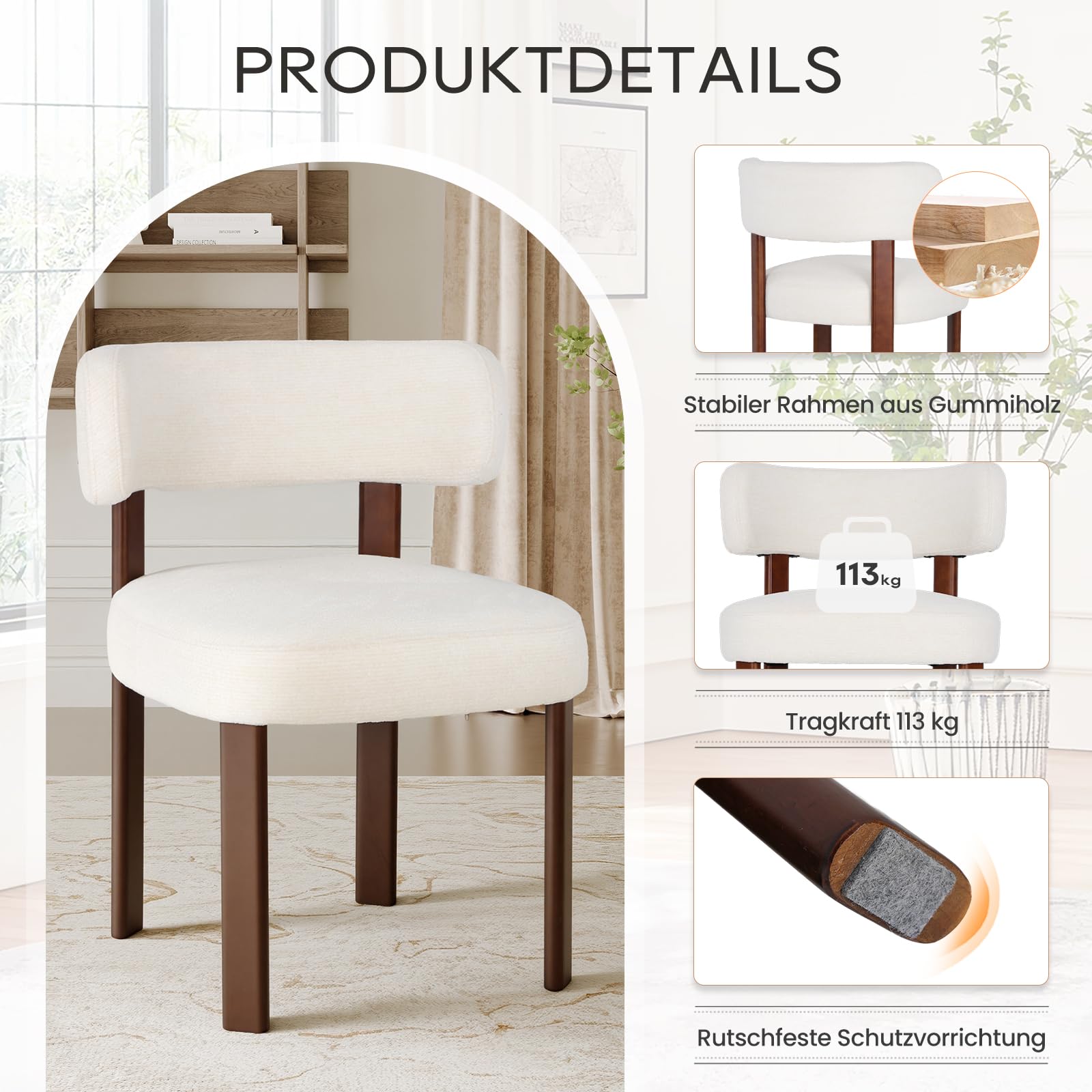 COLAMY Mid-Century Modern Design Sherpa Esszimmerstühle 4er Set, Vintage Landhaus-Stil Bouclé Küchenstühle mit offener geschwungener Rückenlehne für Esszimmer, Restaurant, Beige