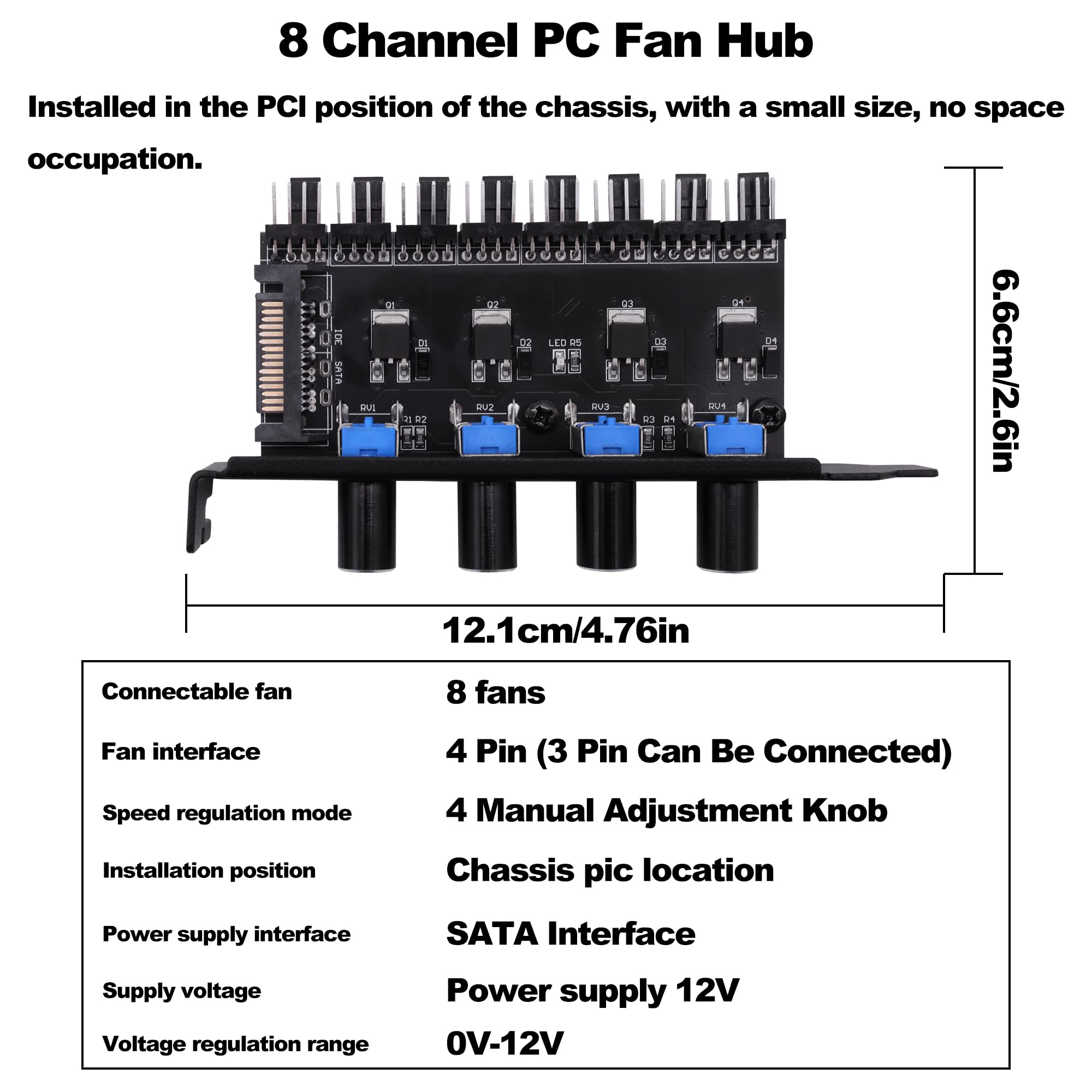 Hub de ventilador de chasis PWM de 3 pines, 4 pines, controlador de velocidad del ventilador de refrigeración, 8 canales, concentrador de ventilador de PC, 15 pines, alimentado por SATA, para