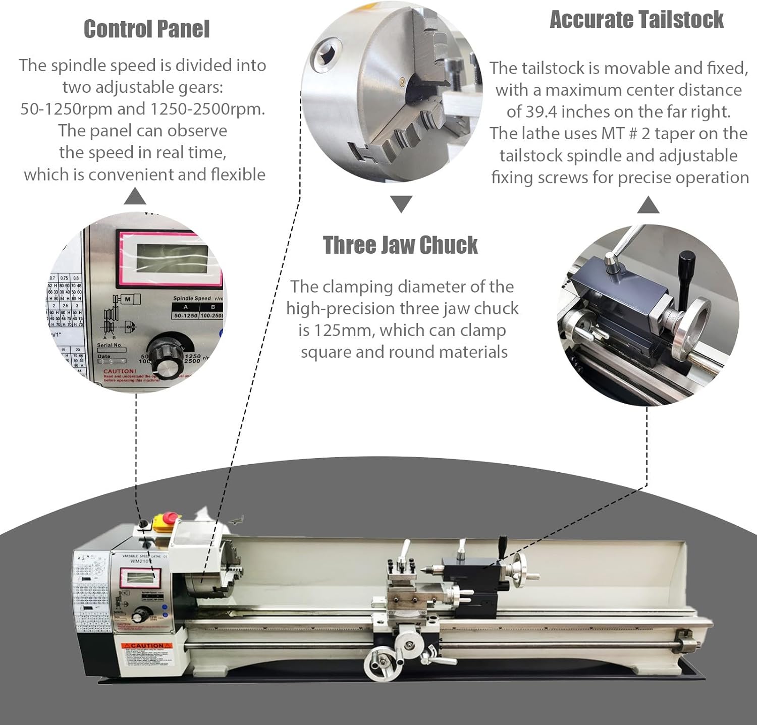 Mini Metal Lathe WM210V Inch Thread 1100W Benchtop Metal Wood Horizontal Lathe 50-2500rpm Variable Speed 8"×39" Wood Horizontal Processer with Digital Display 110V