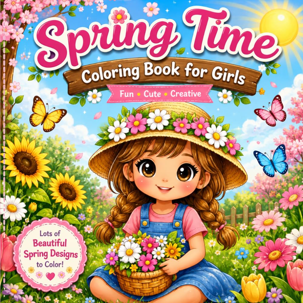Spring Time Coloring Book for Girls: Cute Floral Coloring Pages with Adorable Girls, Flowers, and Butterflies