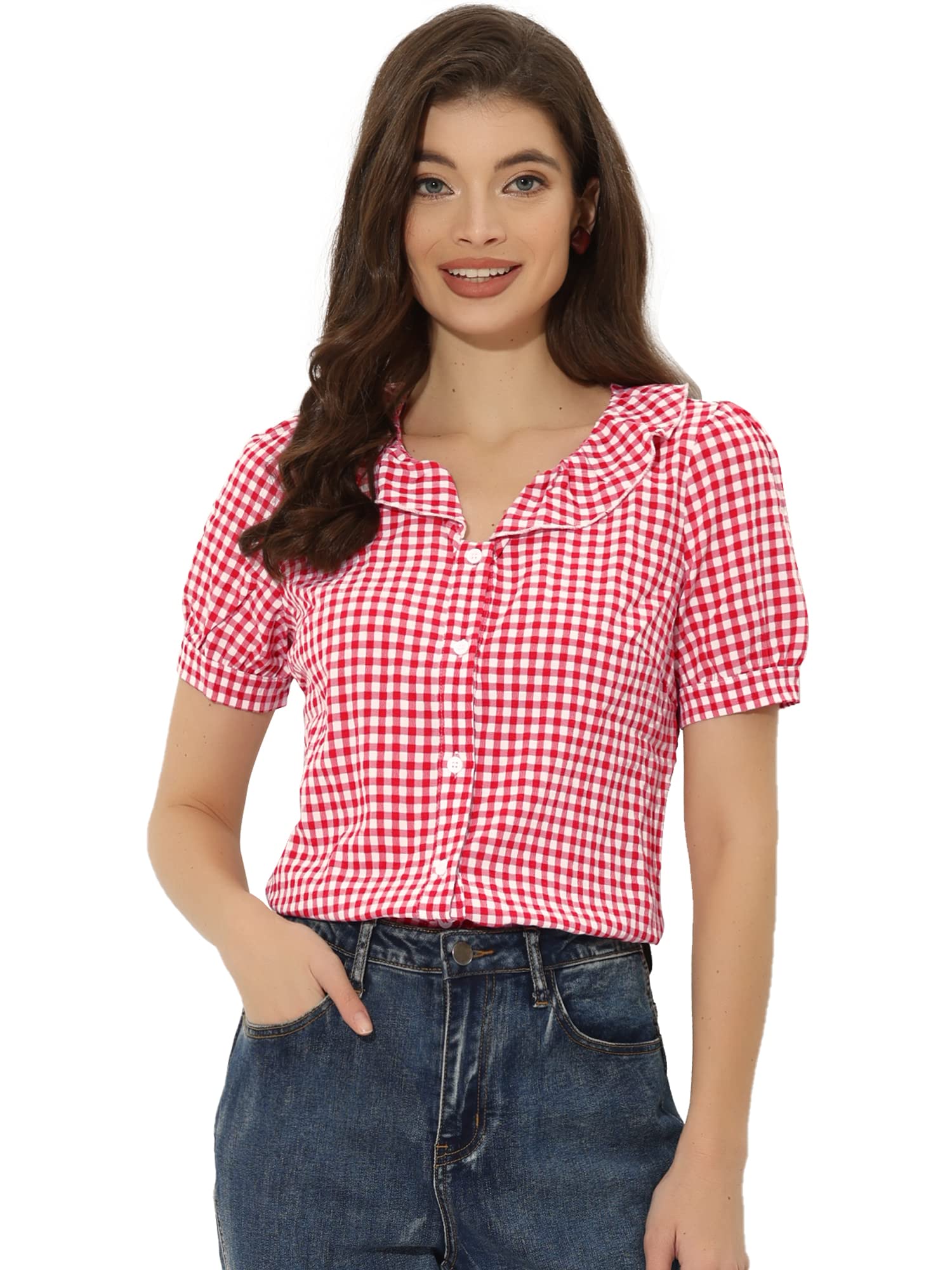 Allegra K Plaid Blouse for Women's Puff Sleeve Ruffle Peter Pan Collar Shirt Top