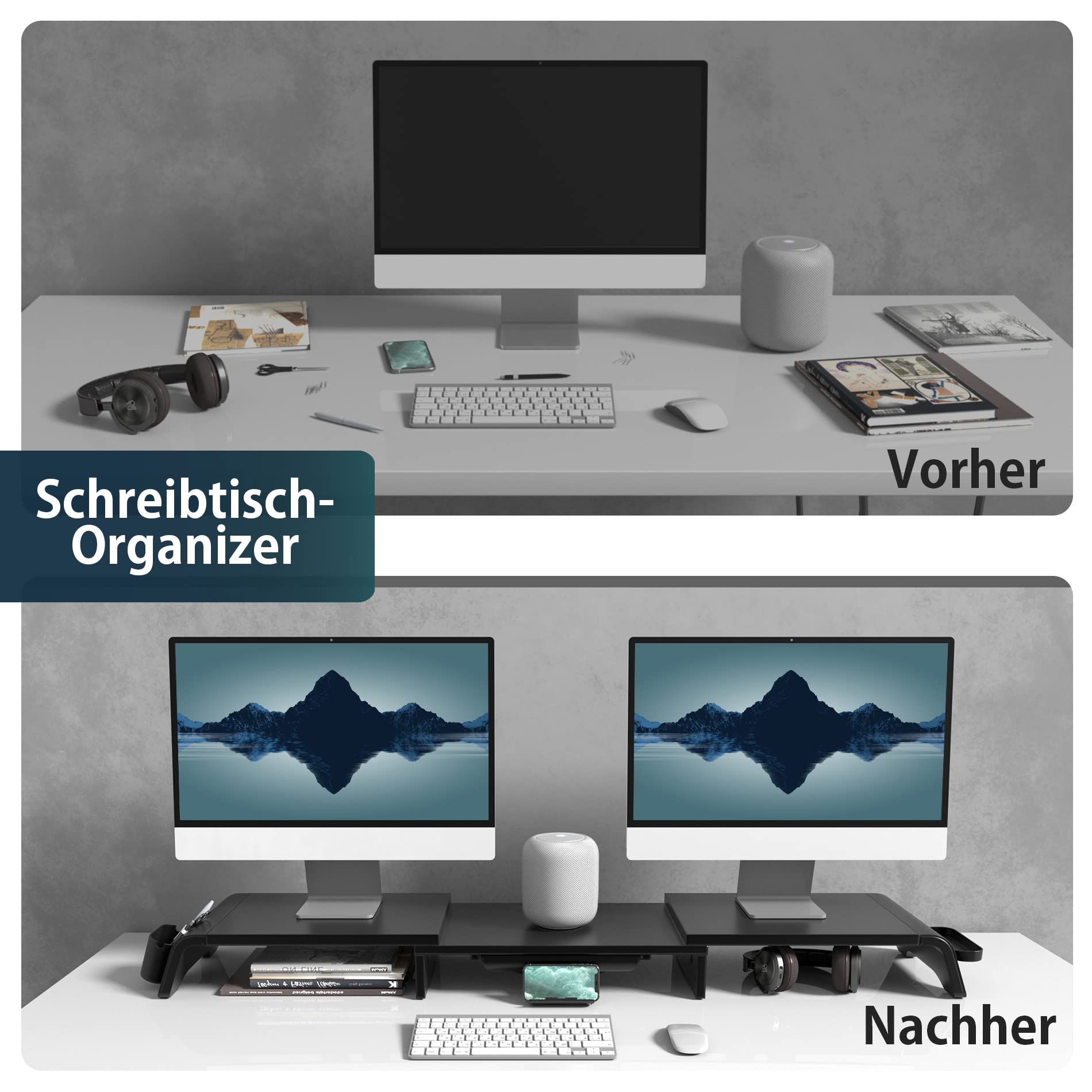 Fenge Dual Monitorständer Bildschirmständer aus Holz für Computer TV Laptop,Monitor Stand Swivel Länge Justierbar mit Schublade, Telefonhalter, 75-119 x 23,5 x 8,9 cm Schwarz G04C1122B