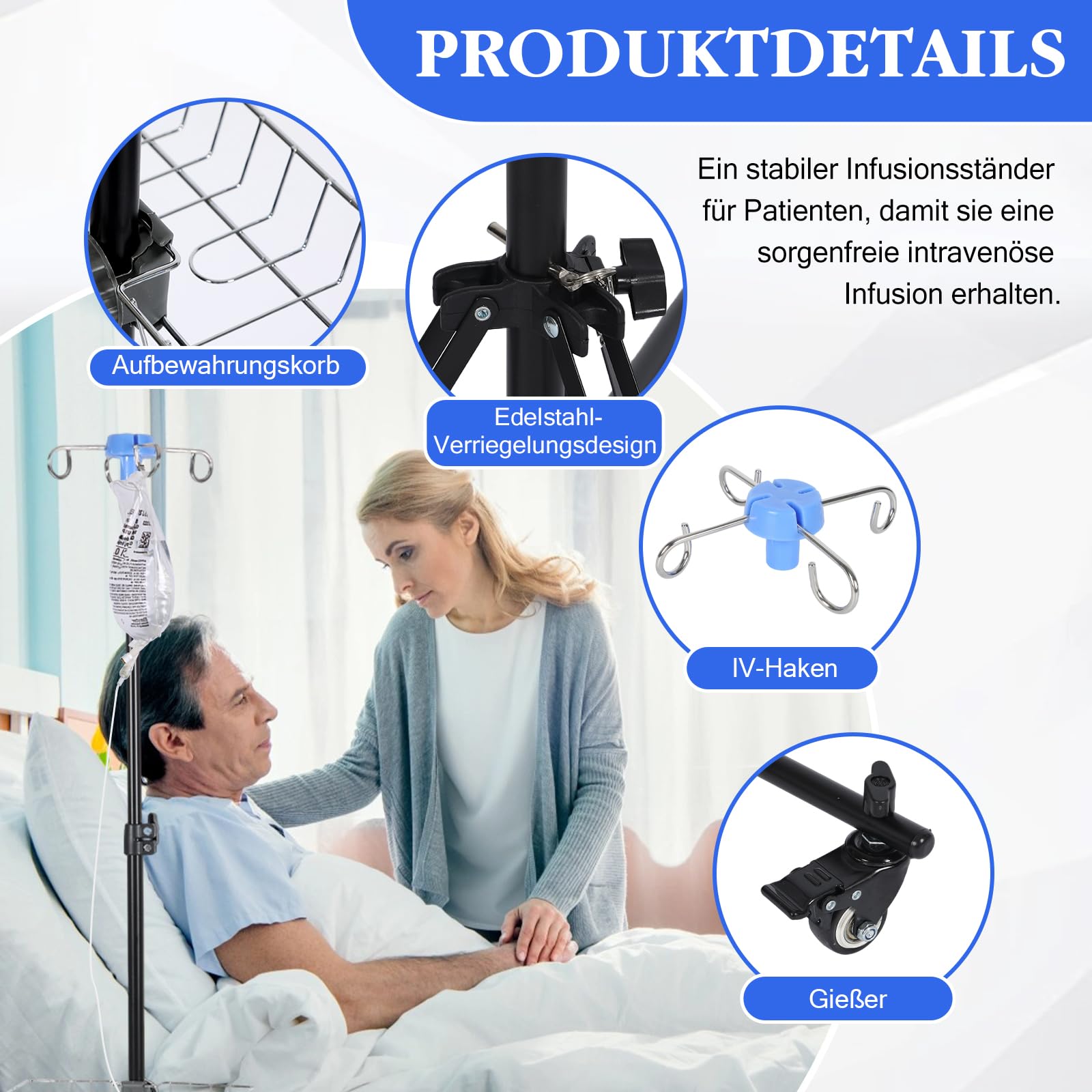 Soporte de infusión con ruedas y cesta de almacenamiento, plegable, altura ajustable, soporte IV con 4 ganchos y 3 ruedas, soporte portátil para infusión, para hospital, cuidado del hogar y viajes