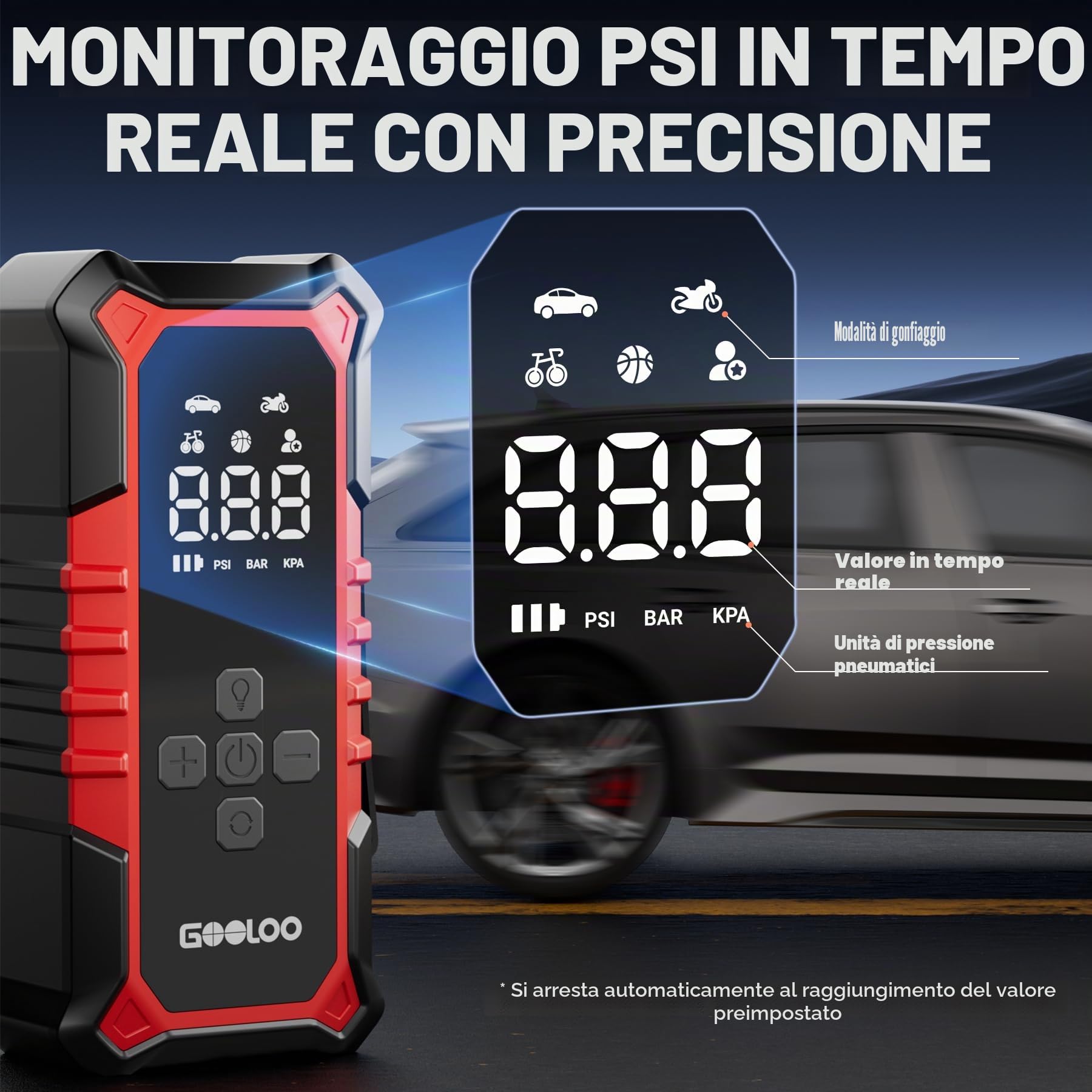 GOOLOO A6 Gear Compressore d'aria Portatile,160 PSI(11 Bar), con Manometro Digitale e Luce LED, Pompa Elettrica Intelligente per Pneumatici con Spegnimento Automatico per Pickup, Motore, Bici