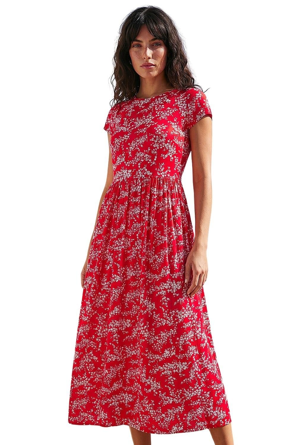 Roman Women's Ditsy Gathered Skirt Stretch Midi Dress in Red | Size: 16