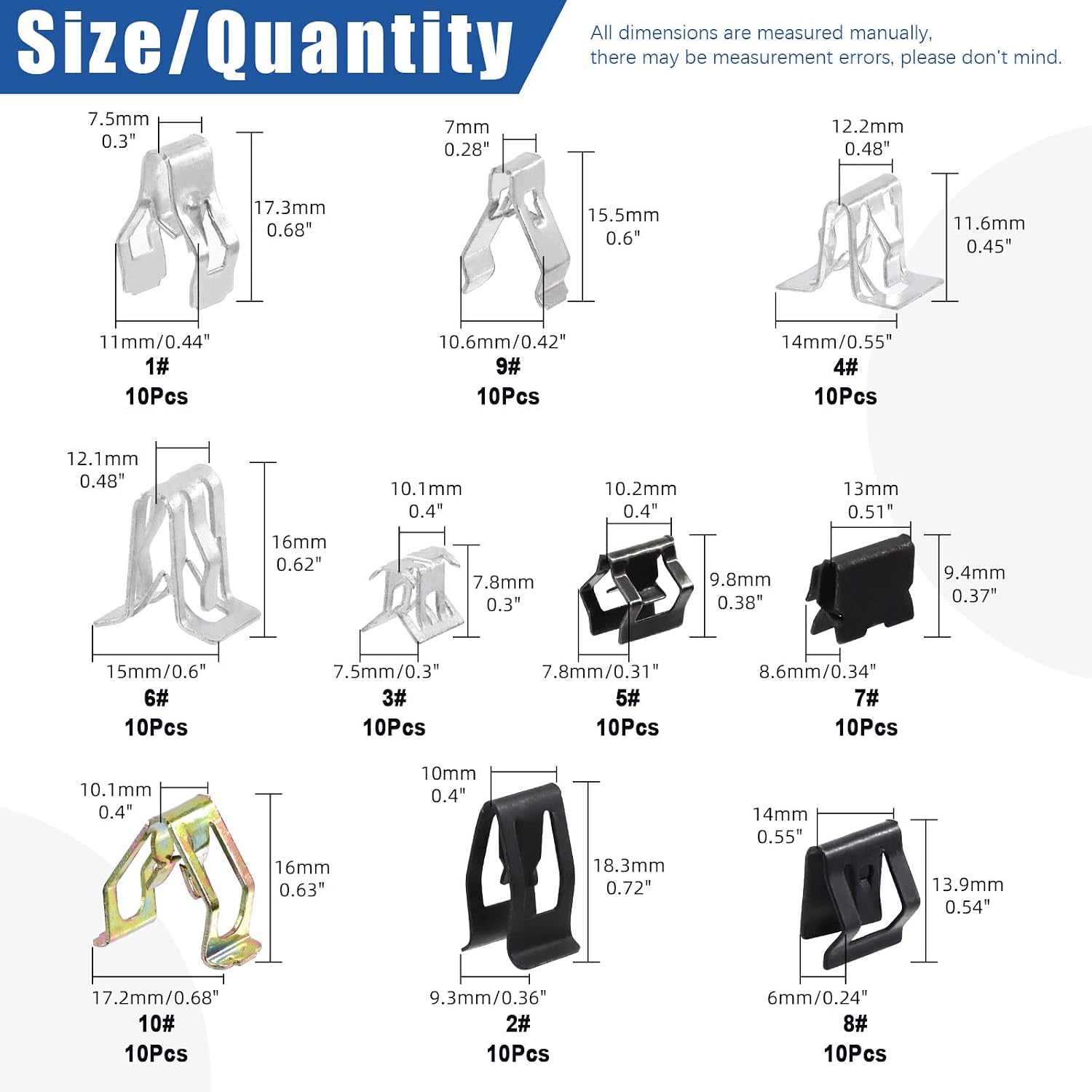 Glarks 100Pcs 10 Sizes Metal Trim Clip Spring Moulding Clip Universal Auto Body Fastener Clip Compatible with GTI, Jetta, Passat, Phaeton, VW Audi 4A0-867-276A