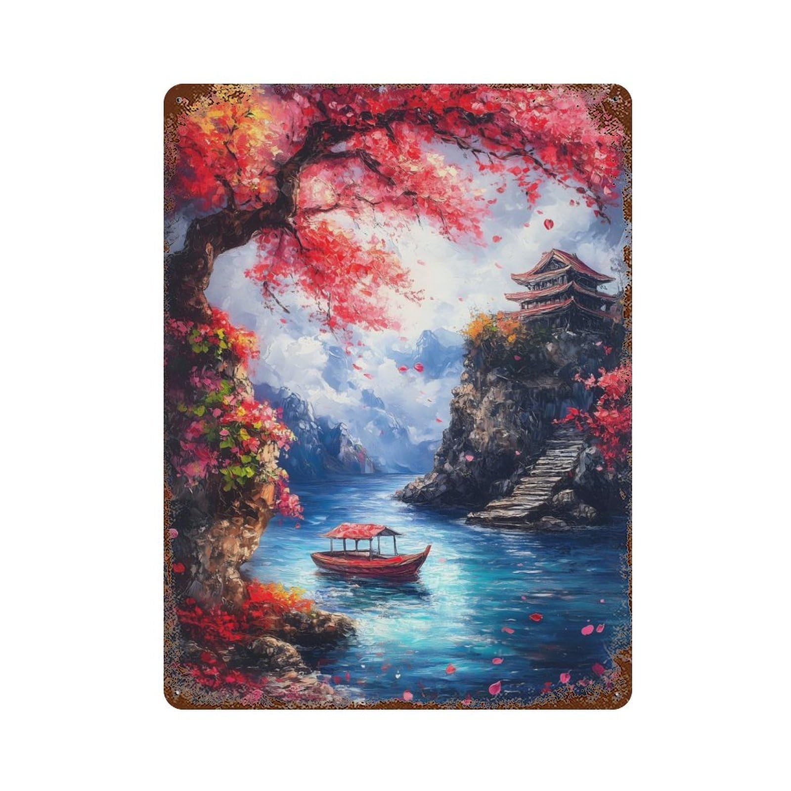 Japanese Pagoda Landscape Distressed Metal Wall Sign 15.7"x11.8", Ideal for Garage, Bar And Workshop Decor